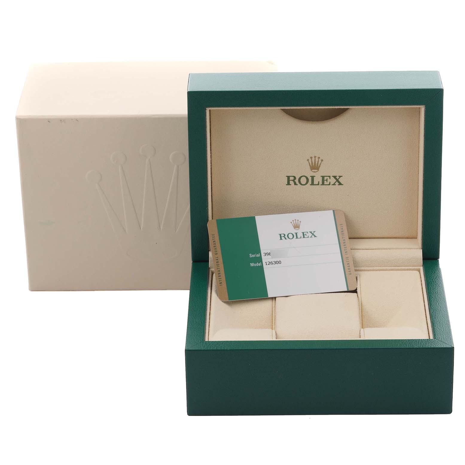 The image shows the Rolex Datejust 41 126300 Men
s Stainless Steel Blue Dial 126300 Men
s Stainless Steel Blue Dial packaging, including the inner and outer box and Best Quality
ity card, viewed from the front.