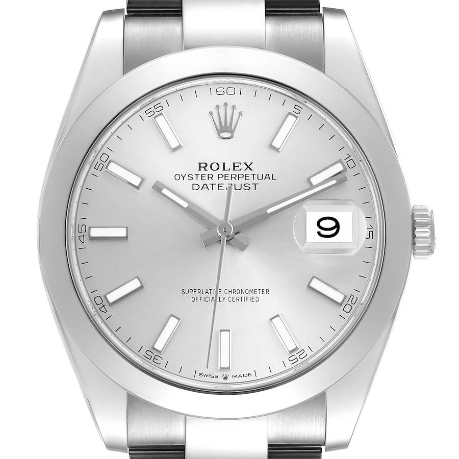 The Rolex Datejust 41 watch is shown from a front angle, displaying the dial, crown, and part of the bracelet.