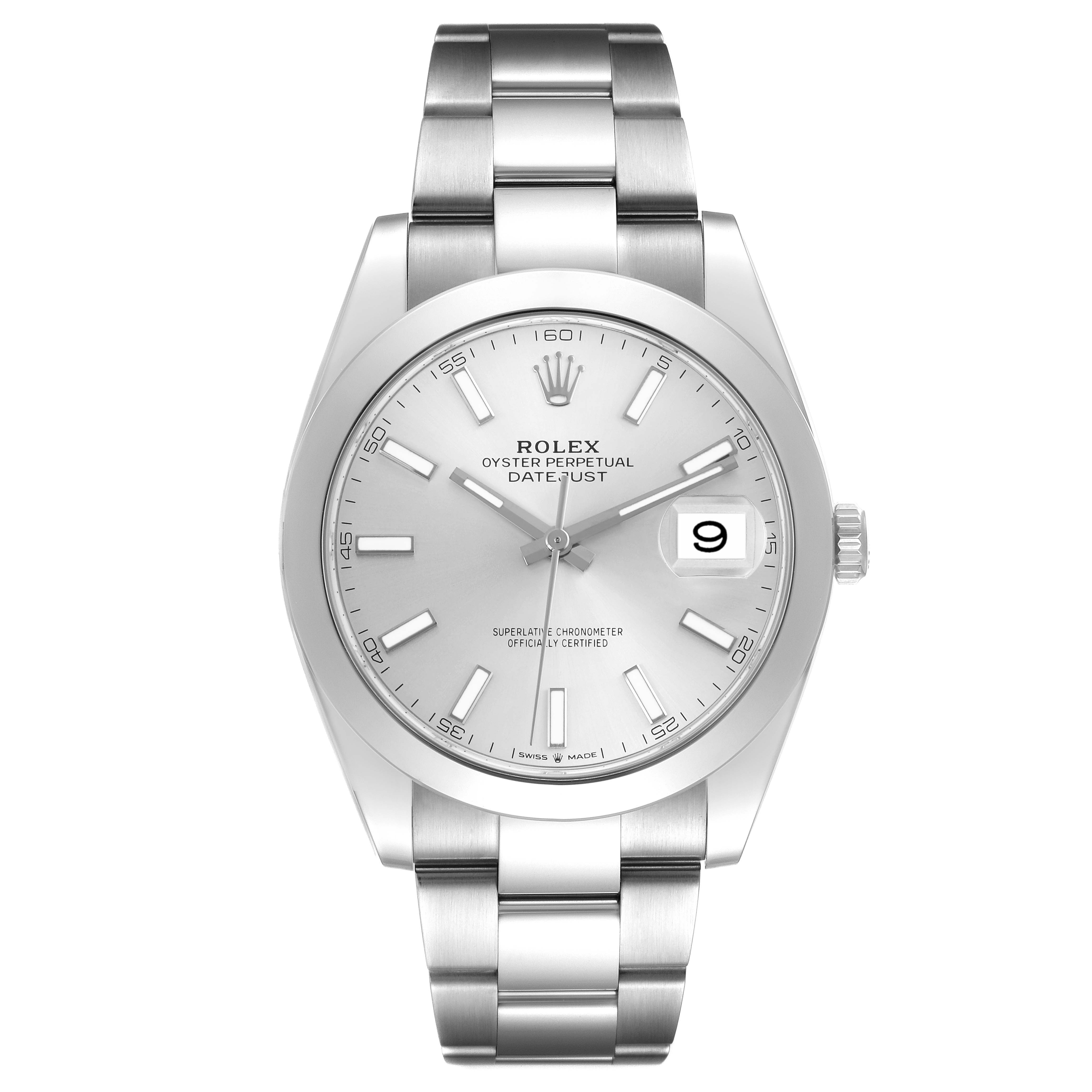 The Rolex Datejust 41 126300 Men's Stainless Steel Silver Dial 126300 Men's Stainless Steel Silver Dial is shown from a front angle, highlighting the dial, bezel, and stainless steel bracelet.