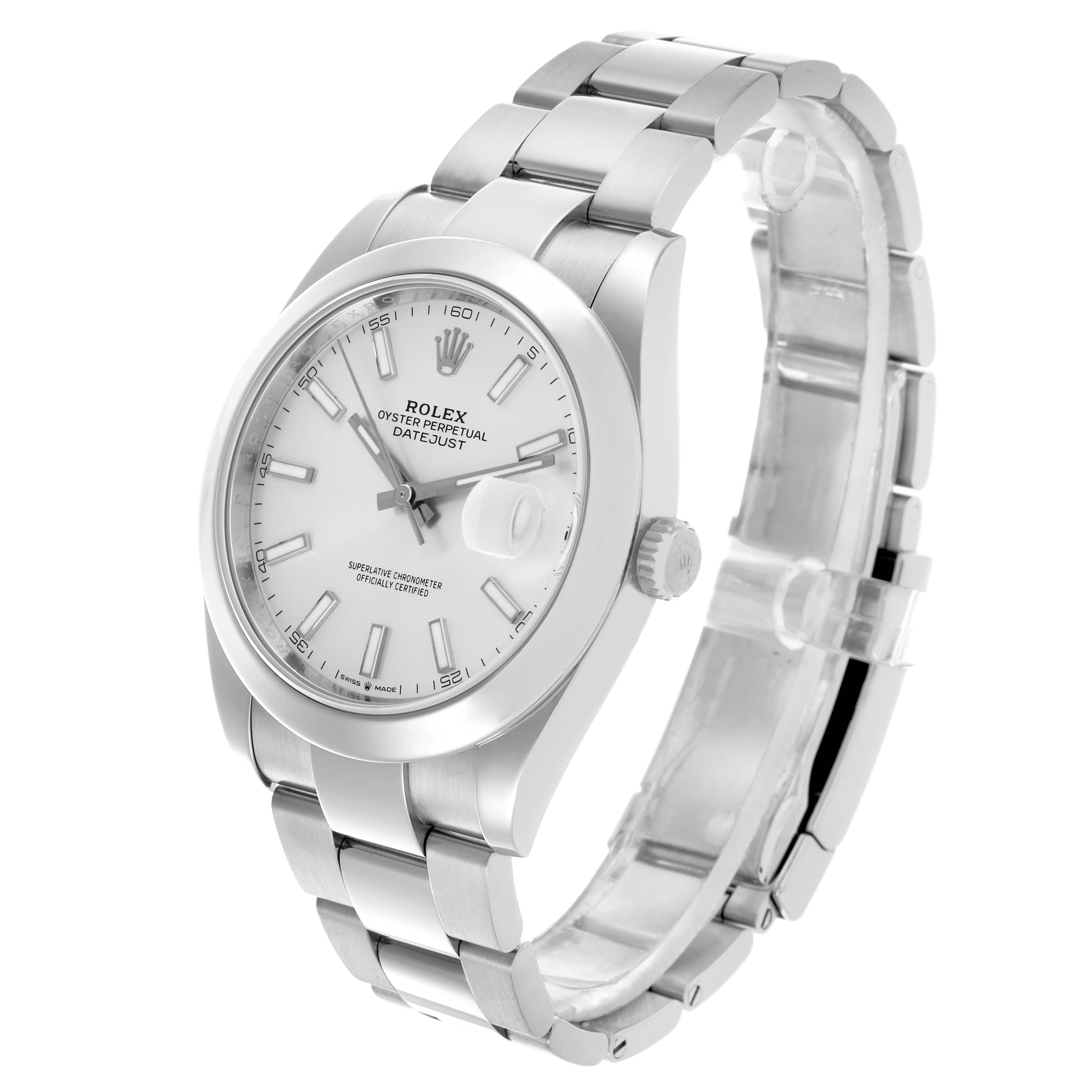 This Rolex Datejust 41 126300 Men's Stainless Steel Silver Dial 126300 Men's Stainless Steel Silver Dial is shown at a three-quarter angle, displaying the watch face, bracelet, and crown.
