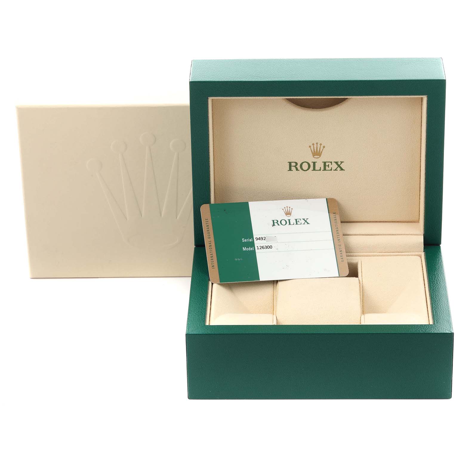 The image shows the open box and serial card for a Rolex Datejust 41 126300 Men's Stainless Steel Silver Dial 126300 Men's Stainless Steel Silver Dial, with the box lids slightly ajar.