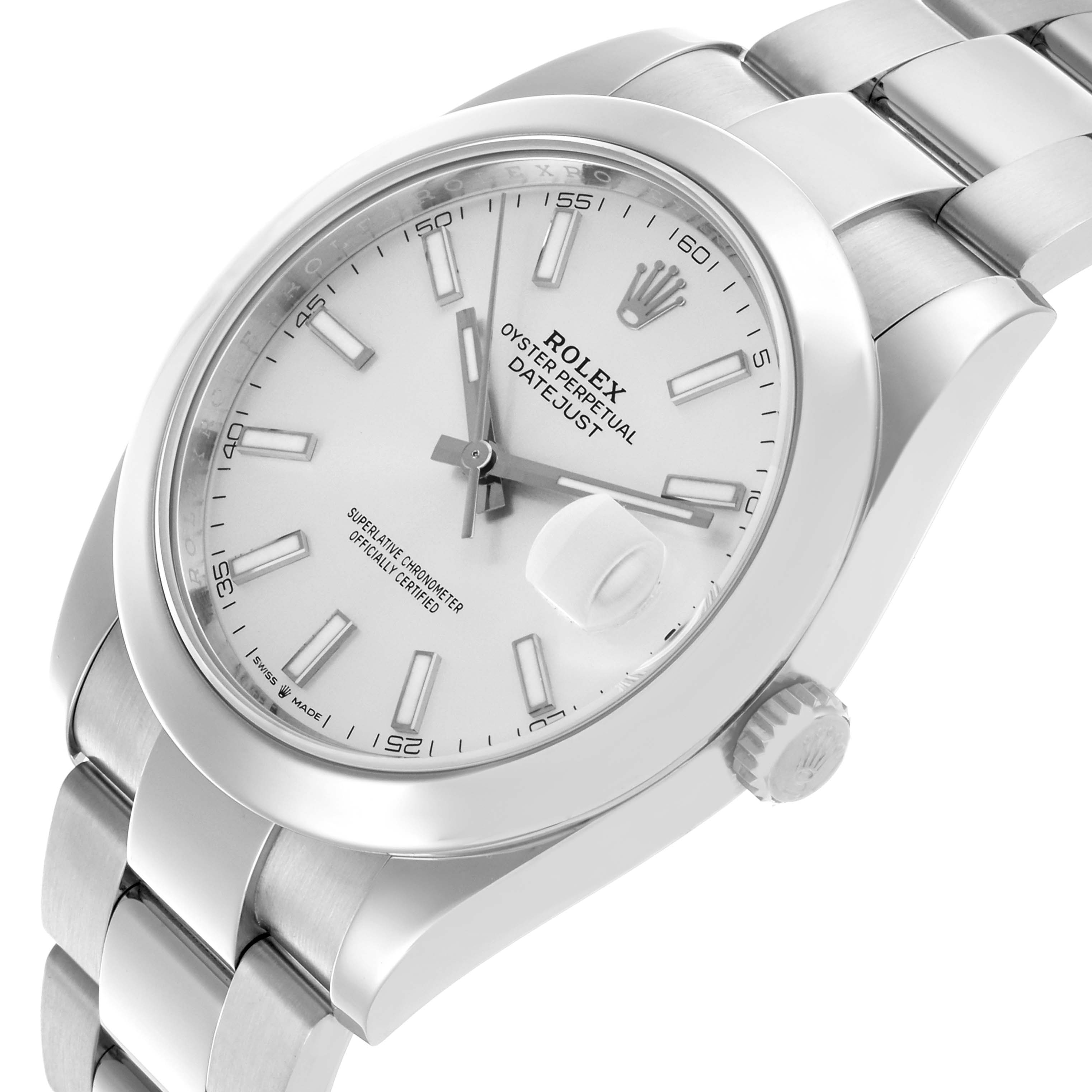 The Rolex Datejust 41 126300 Men's Stainless Steel Silver Dial 126300 Men's Stainless Steel Silver Dial is shown from a three-quarter angle, highlighting the dial, bezel, crown, and part of the bracelet.