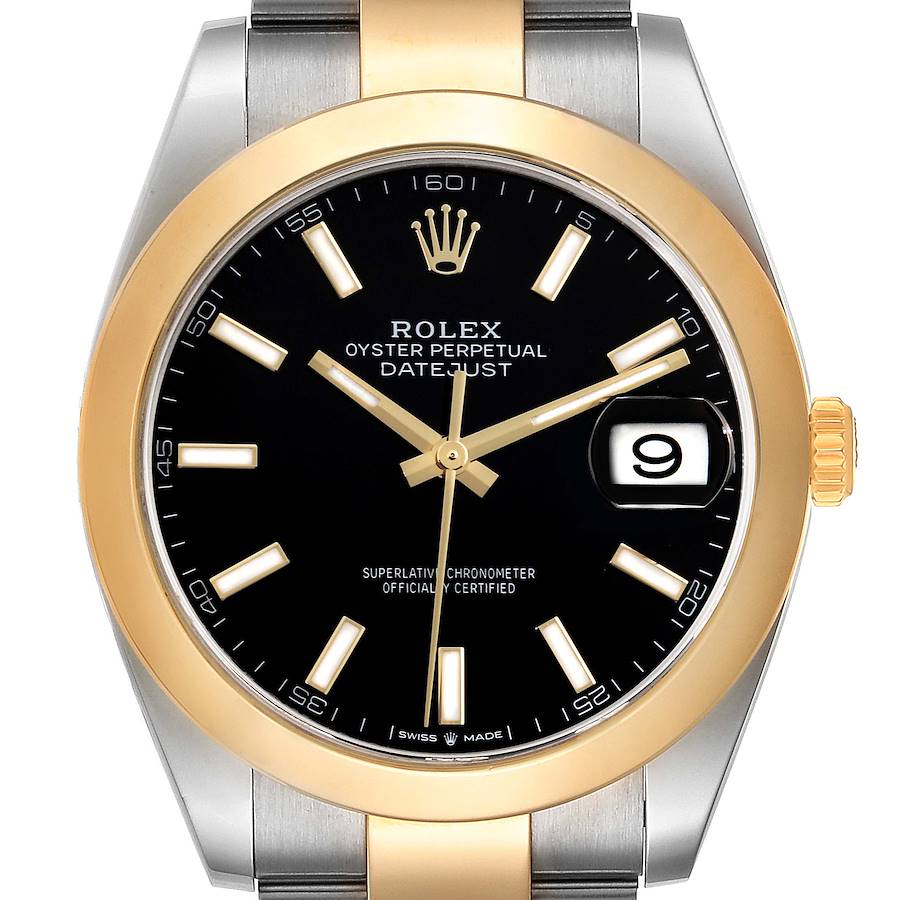 The Rolex Datejust 41 is shown from a front angle, highlighting the black dial, two-tone bezel, hour markers, and cyclops date window.