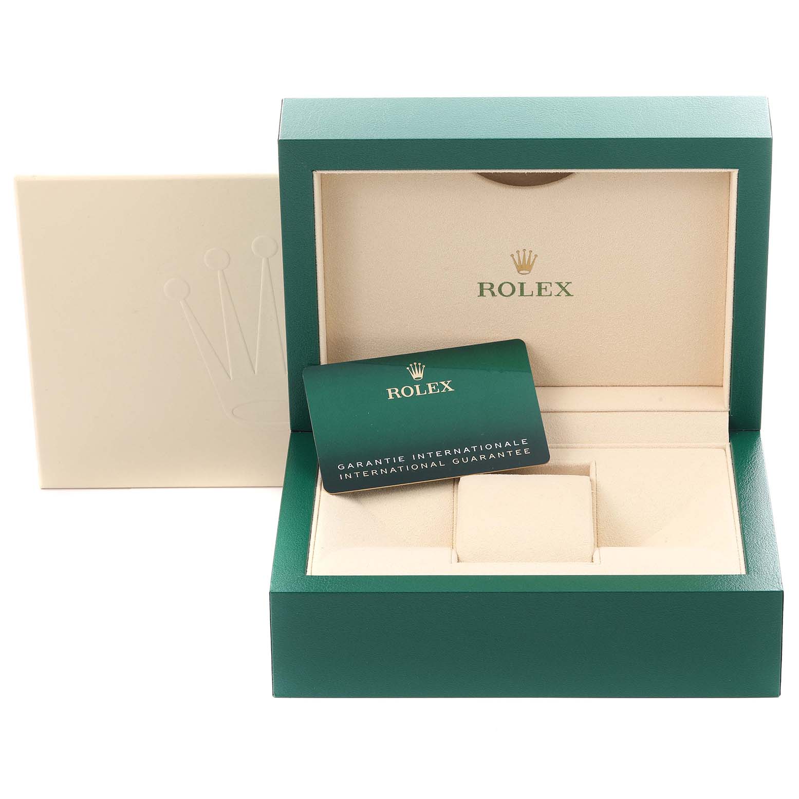 The image shows the open presentation box and warranty card for a Rolex Datejust 41 126300 Men's Stainless Steel White Dial 126300 Men's Stainless Steel White Dial model.