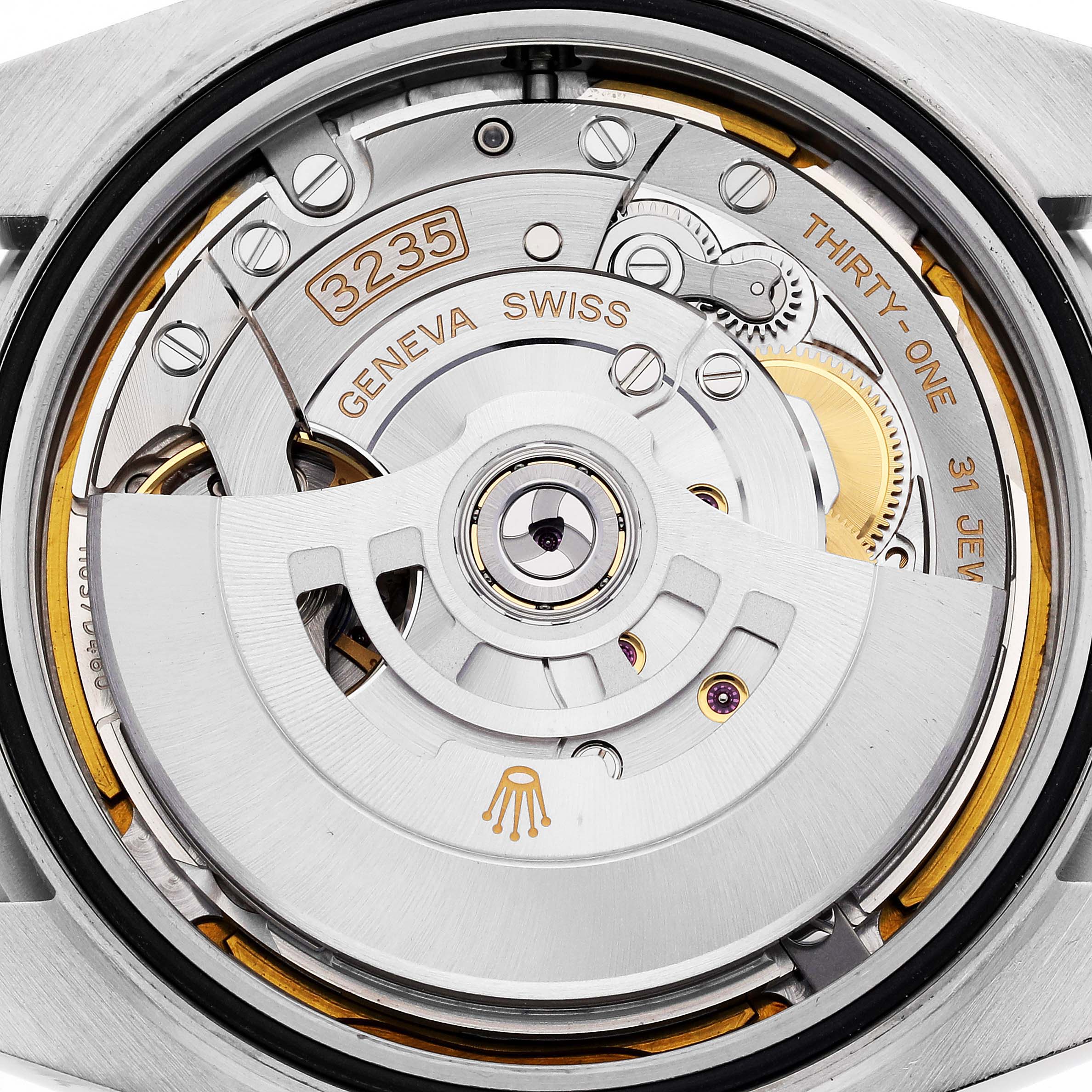 The image shows the detailed movement mechanism of the Rolex Datejust 41 126300 Men's Stainless Steel White Dial 126300 Men's Stainless Steel White Dial watch, emphasizing its 3235 caliber.