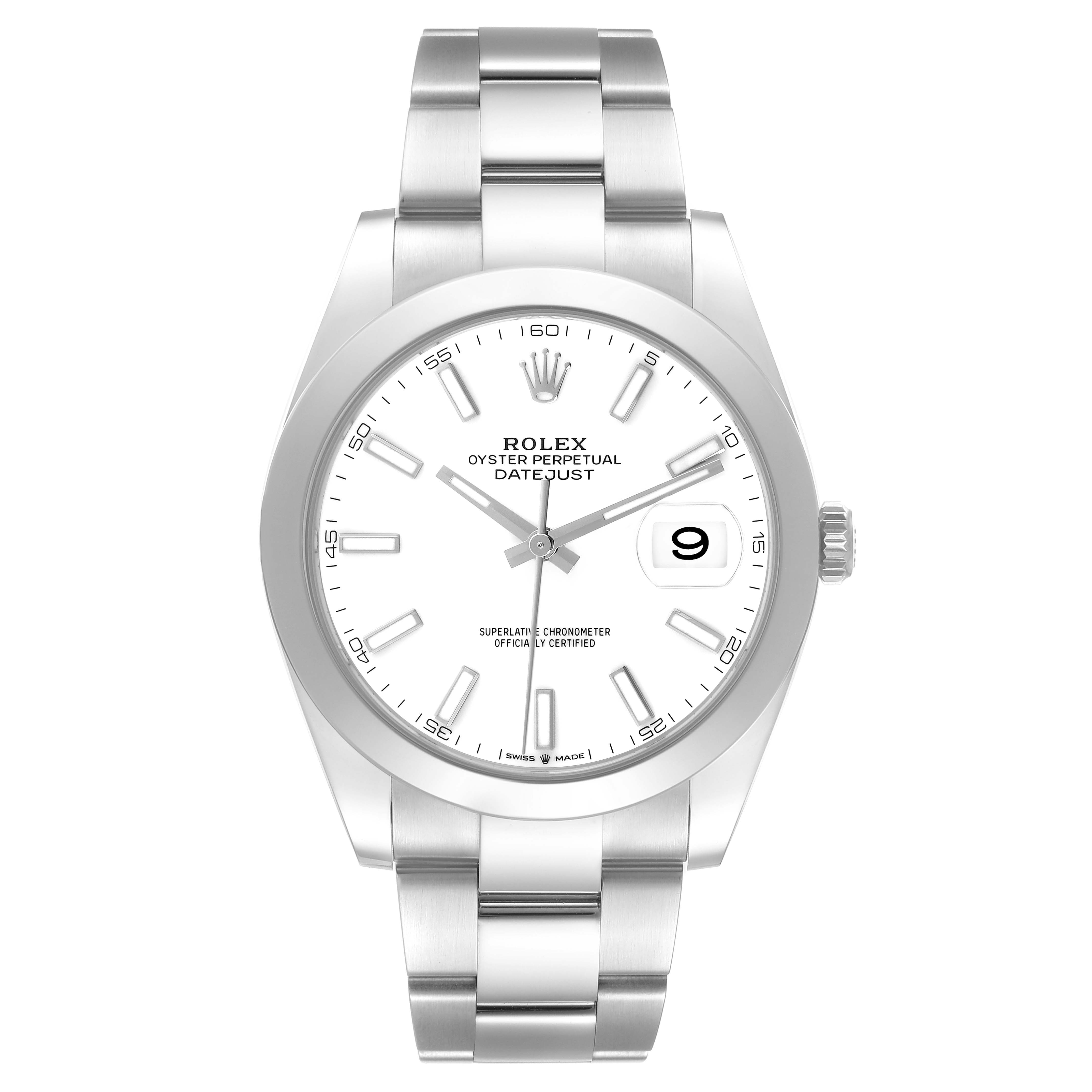 The Rolex Datejust 41 126300 Men's Stainless Steel White Dial 126300 Men's Stainless Steel White Dial is shown from a front angle, displaying the watch face, dial, and bracelet.