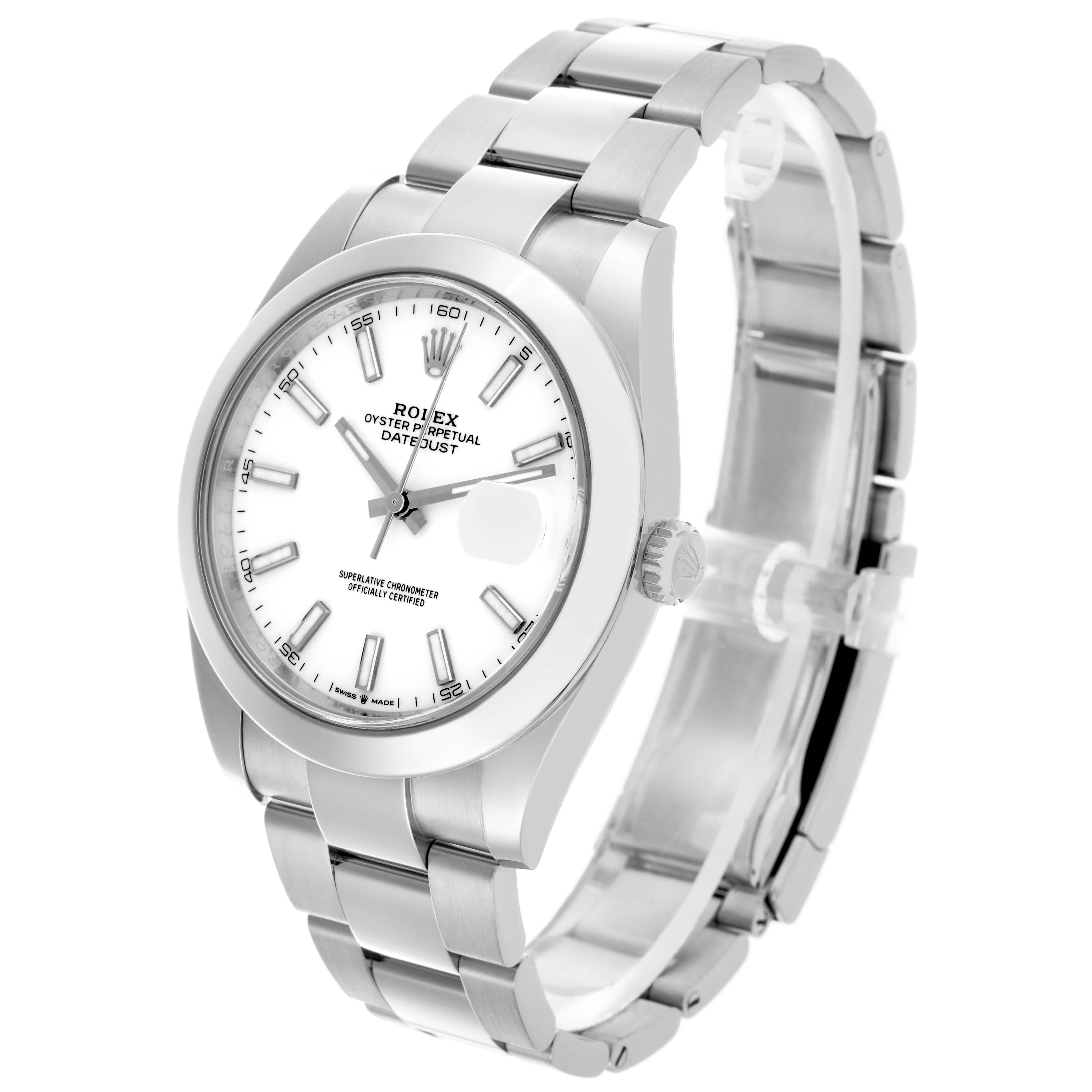 The image shows a Rolex Datejust 41 126300 Men's Stainless Steel White Dial 126300 Men's Stainless Steel White Dial watch from an angled perspective, displaying its face, bezel, and bracelet.