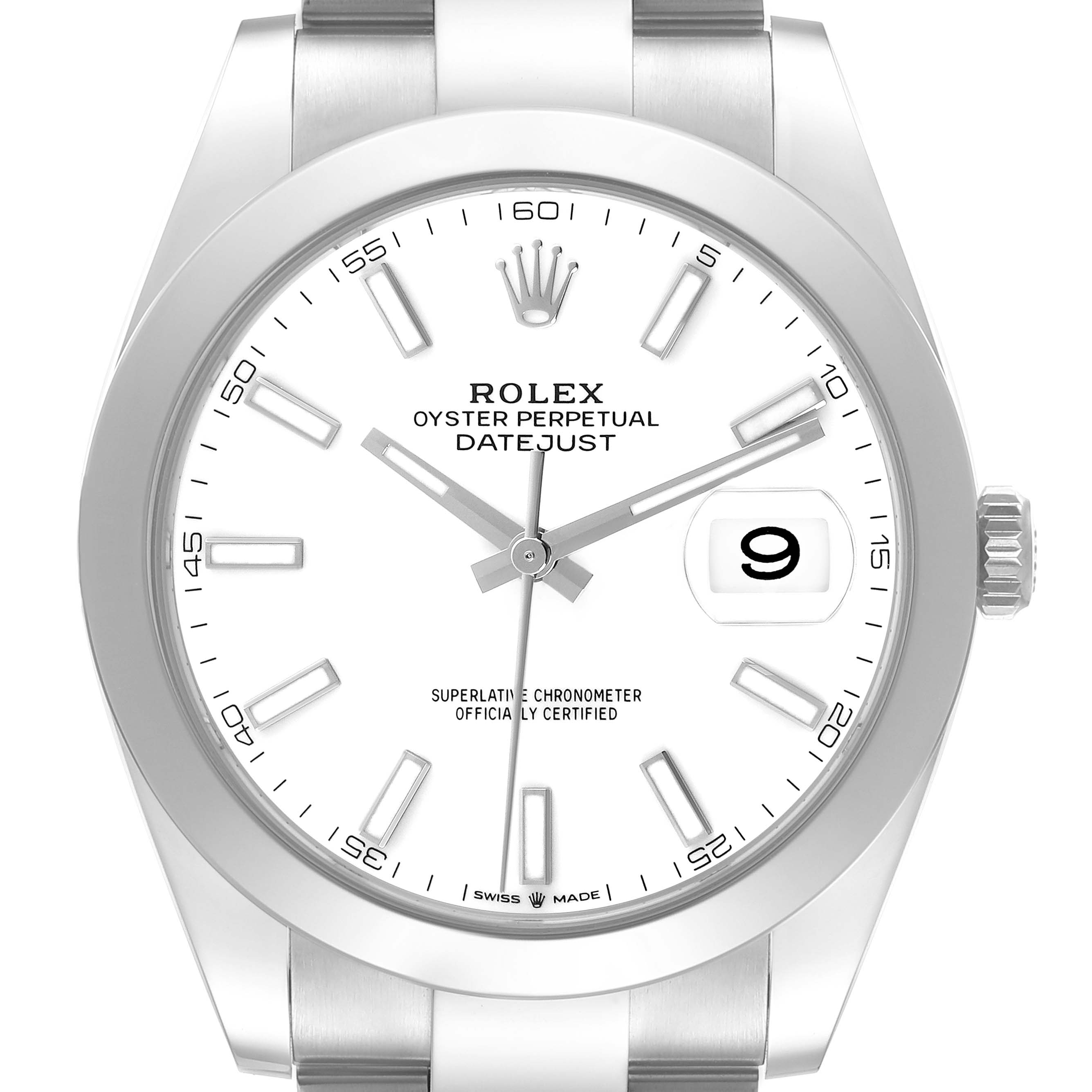 The Rolex Datejust 41 126300 Men's Stainless Steel White Dial 126300 Men's Stainless Steel White Dial is shown from the front, featuring the dial, bezel, crown, and part of the bracelet.