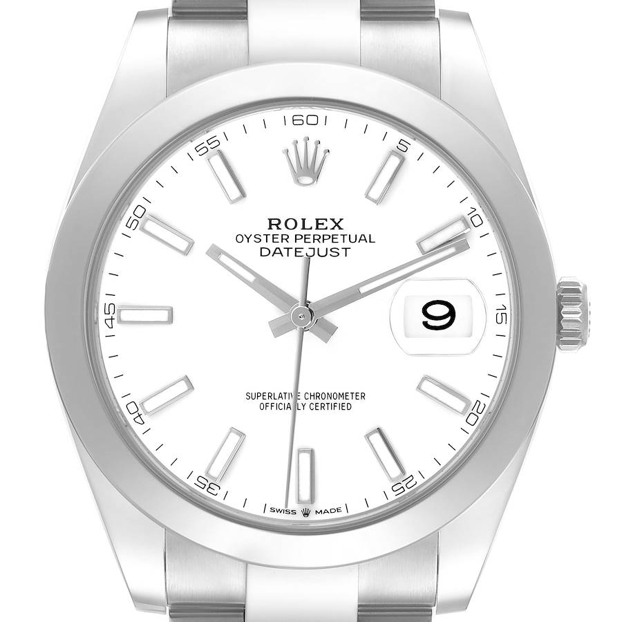 The Rolex Datejust 41 is shown from the front, featuring the dial, bezel, crown, and part of the bracelet.