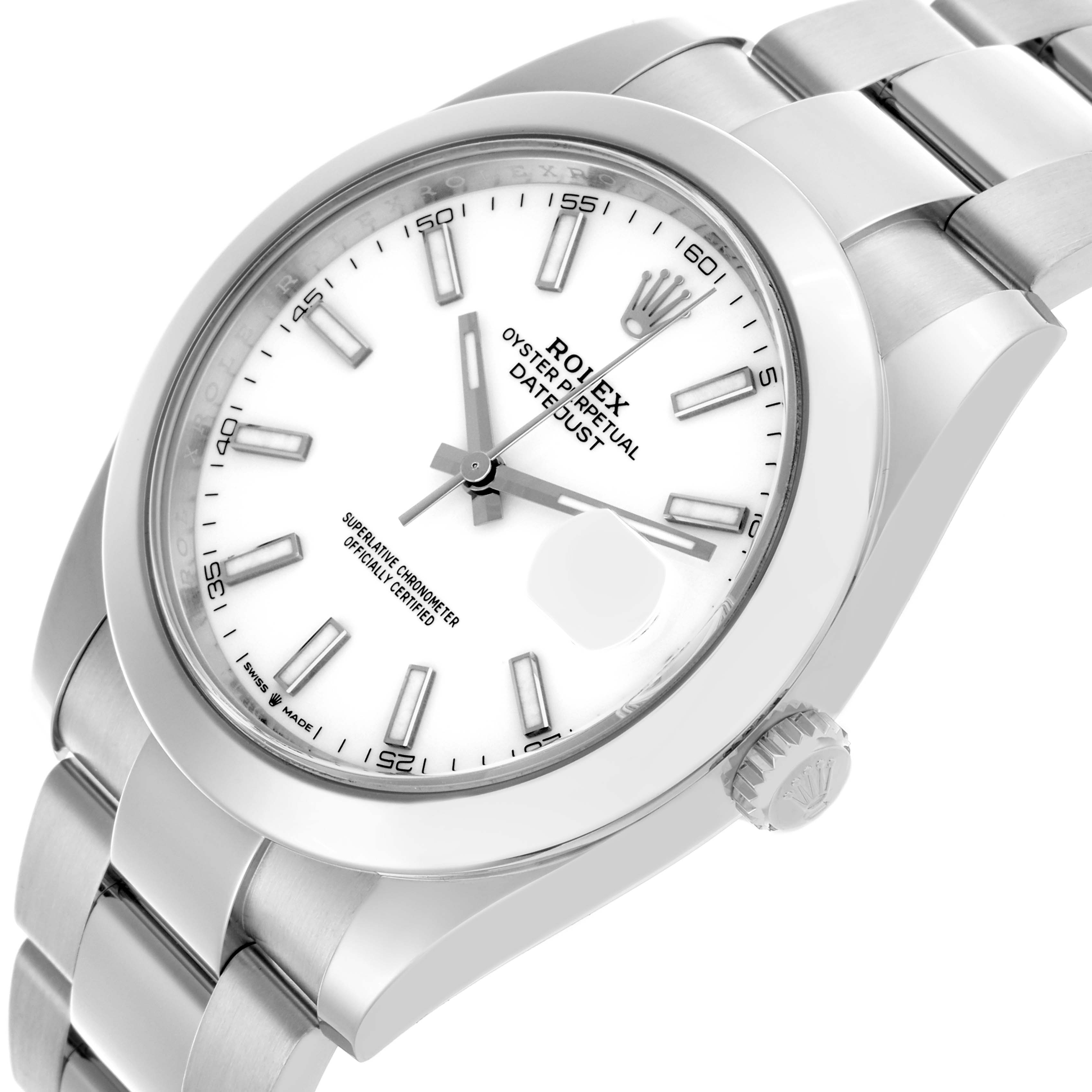 The Rolex Datejust 41 126300 Men's Stainless Steel White Dial 126300 Men's Stainless Steel White Dial watch is shown at an angled side view, highlighting the dial, bezel, and bracelet.
