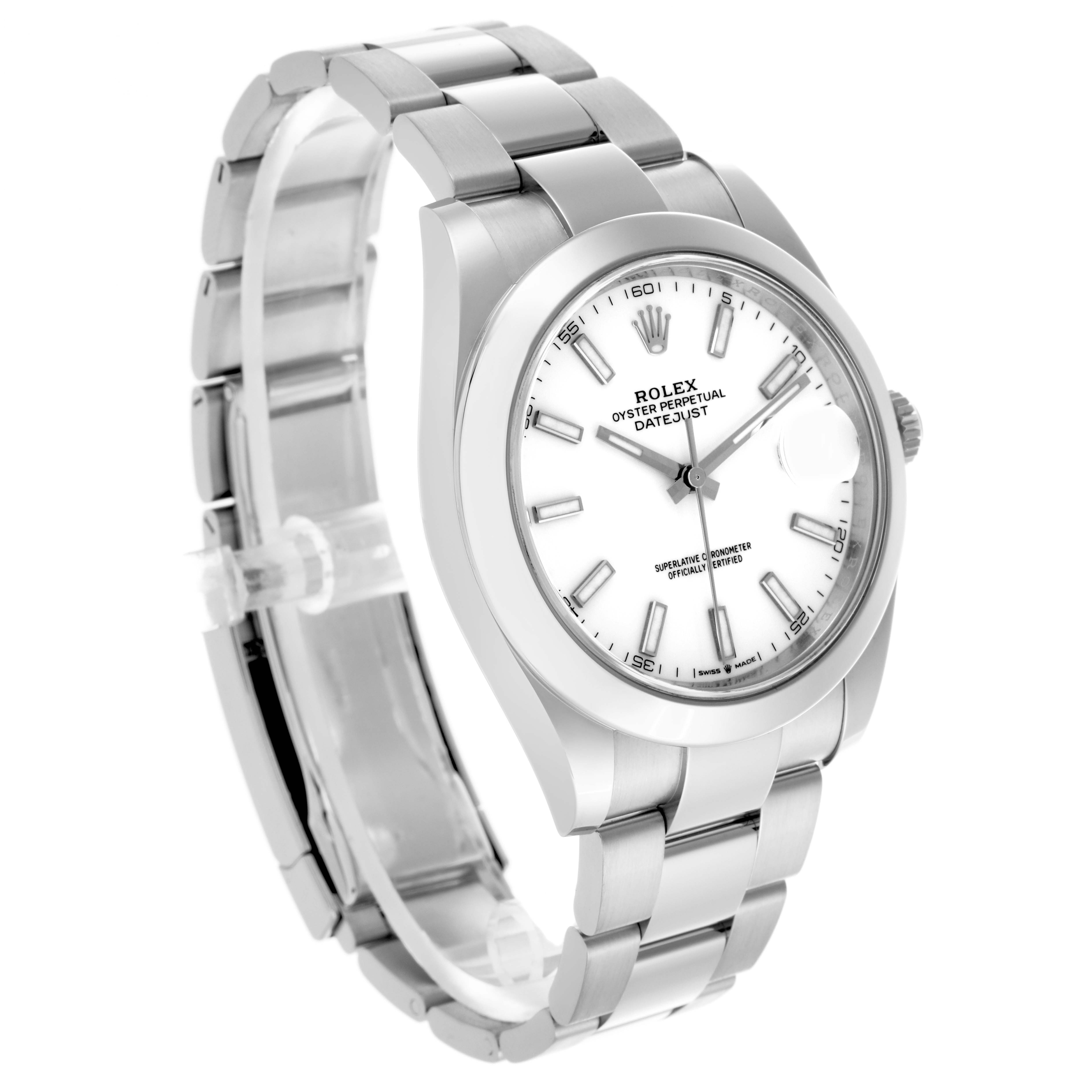 The image shows a Rolex Datejust 41 126300 Men's Stainless Steel White Dial 126300 Men's Stainless Steel White Dial from a front-left angle, displaying the dial, bezel, and part of the bracelet.