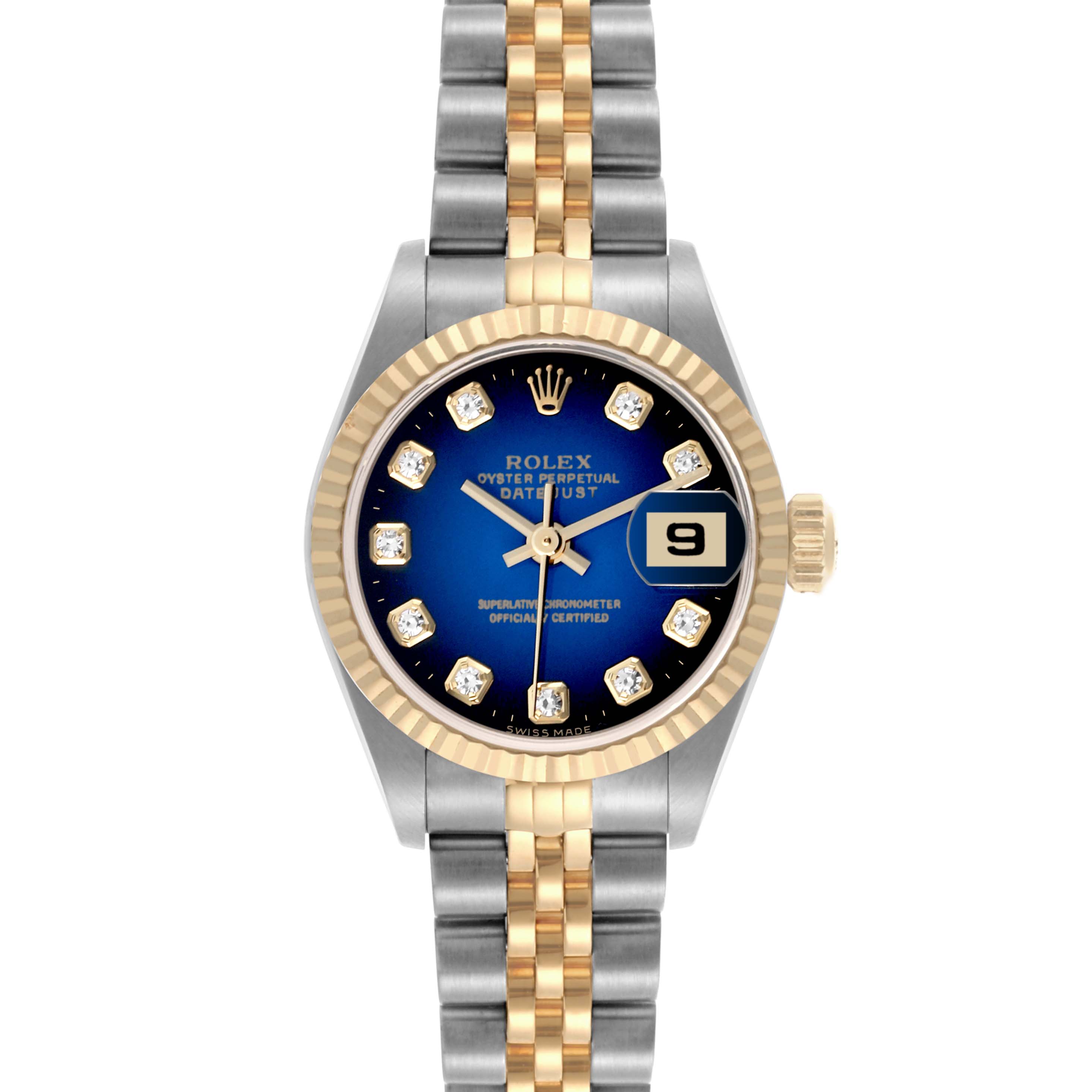 The Rolex Datejust 69173 Women's Steel and Gold (two tone) Blue Dial 69173 Women's Steel and Gold (two tone) Blue Dial is shown from a front angle, displaying the blue dial, bezel, and bracelet.