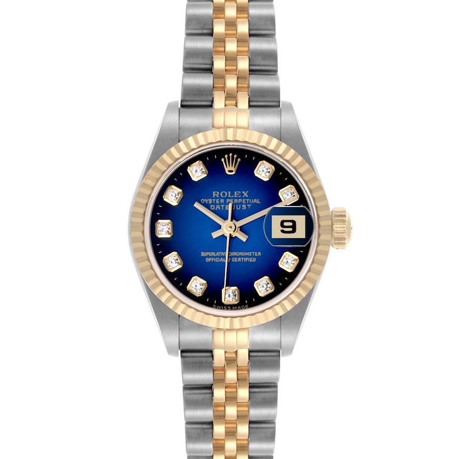 The Rolex Datejust is shown from a front angle, displaying the blue dial, bezel, and bracelet.