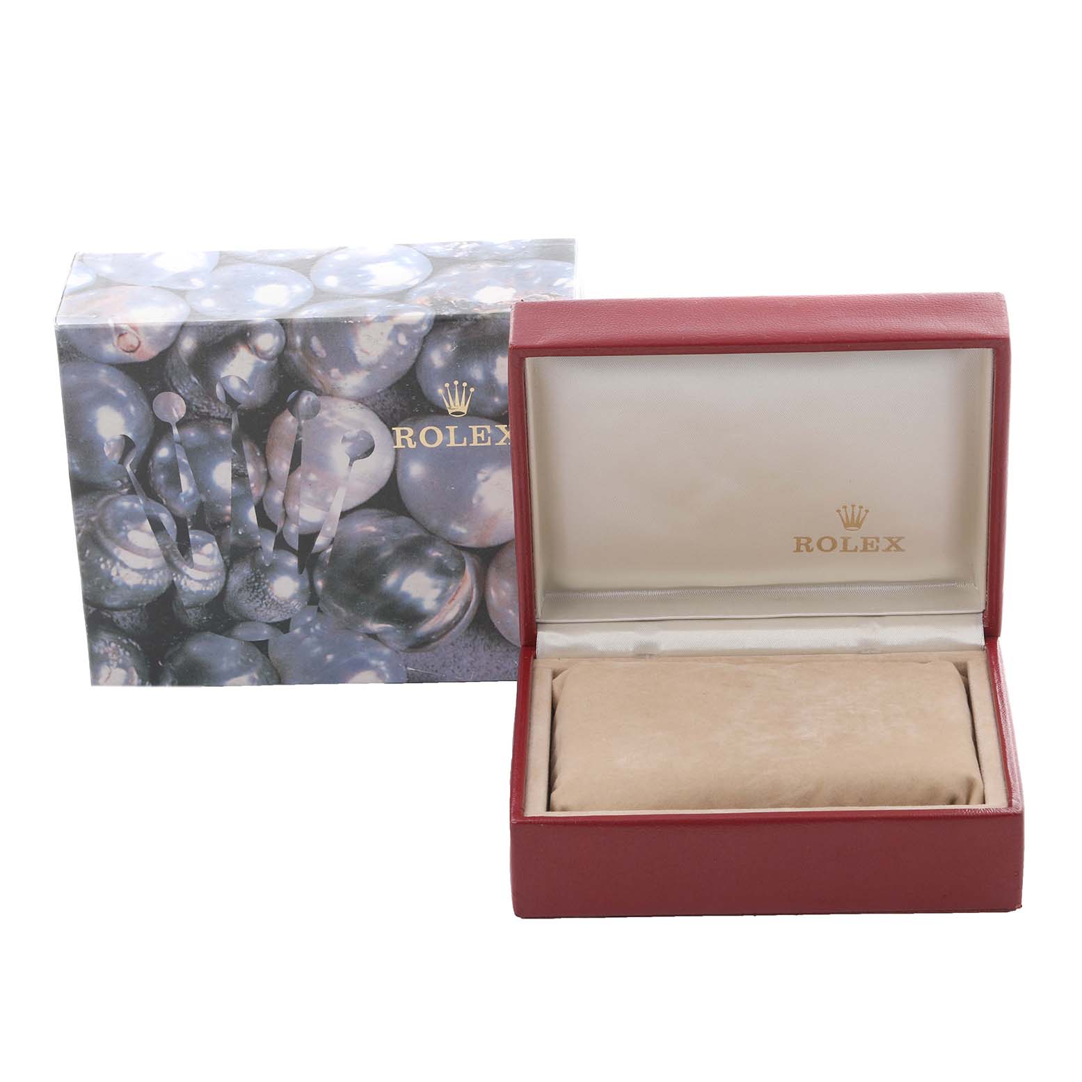 The image shows a Rolex Datejust 69173 Women's Steel and Gold (two tone) Blue Dial 69173 Women's Steel and Gold (two tone) Blue Dial watch box and case from the front, without the watch inside.