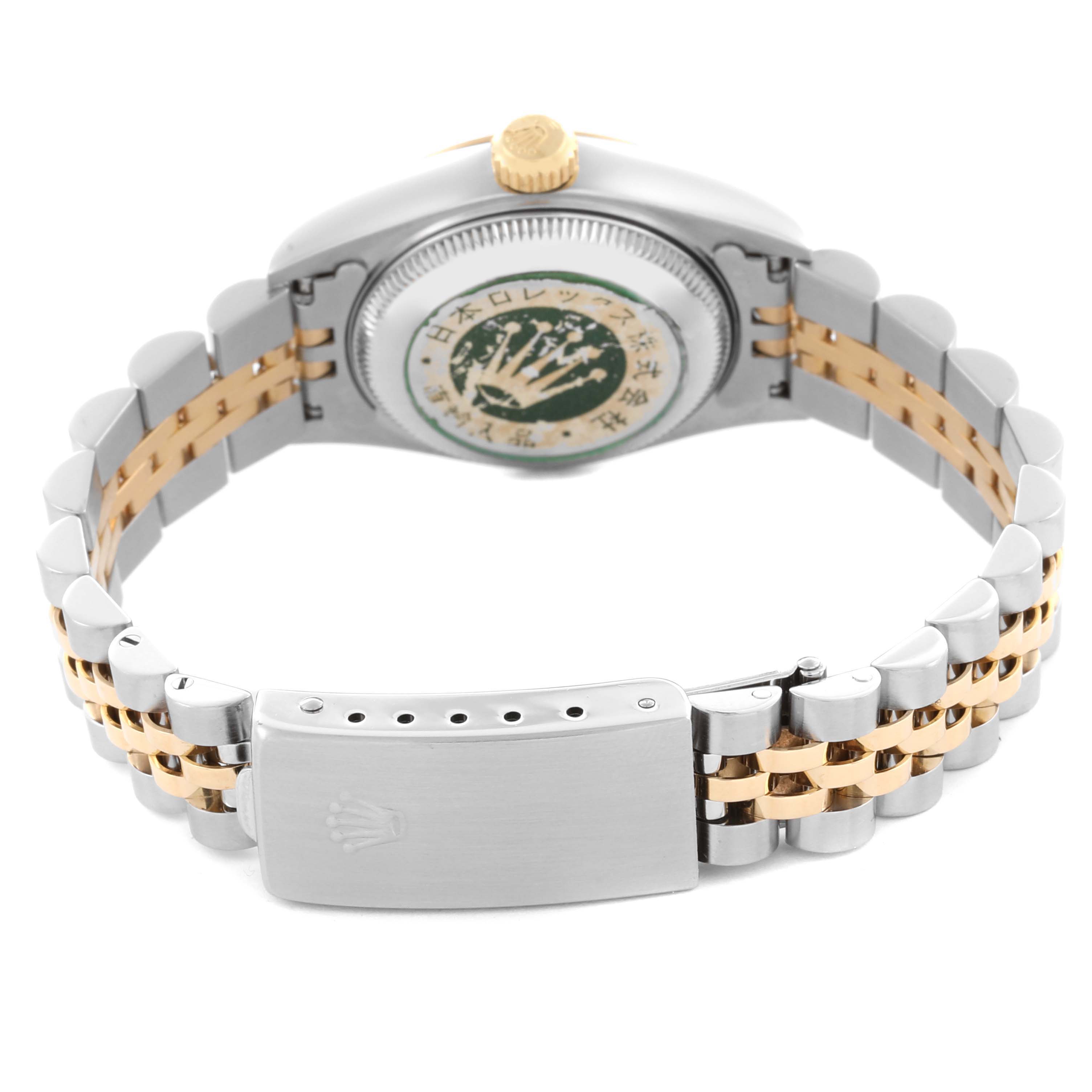 The image shows the back and bracelet of a Rolex Datejust 69173 Women's Steel and Gold (two tone) Blue Dial 69173 Women's Steel and Gold (two tone) Blue Dial, highlighting the clasp and case back.
