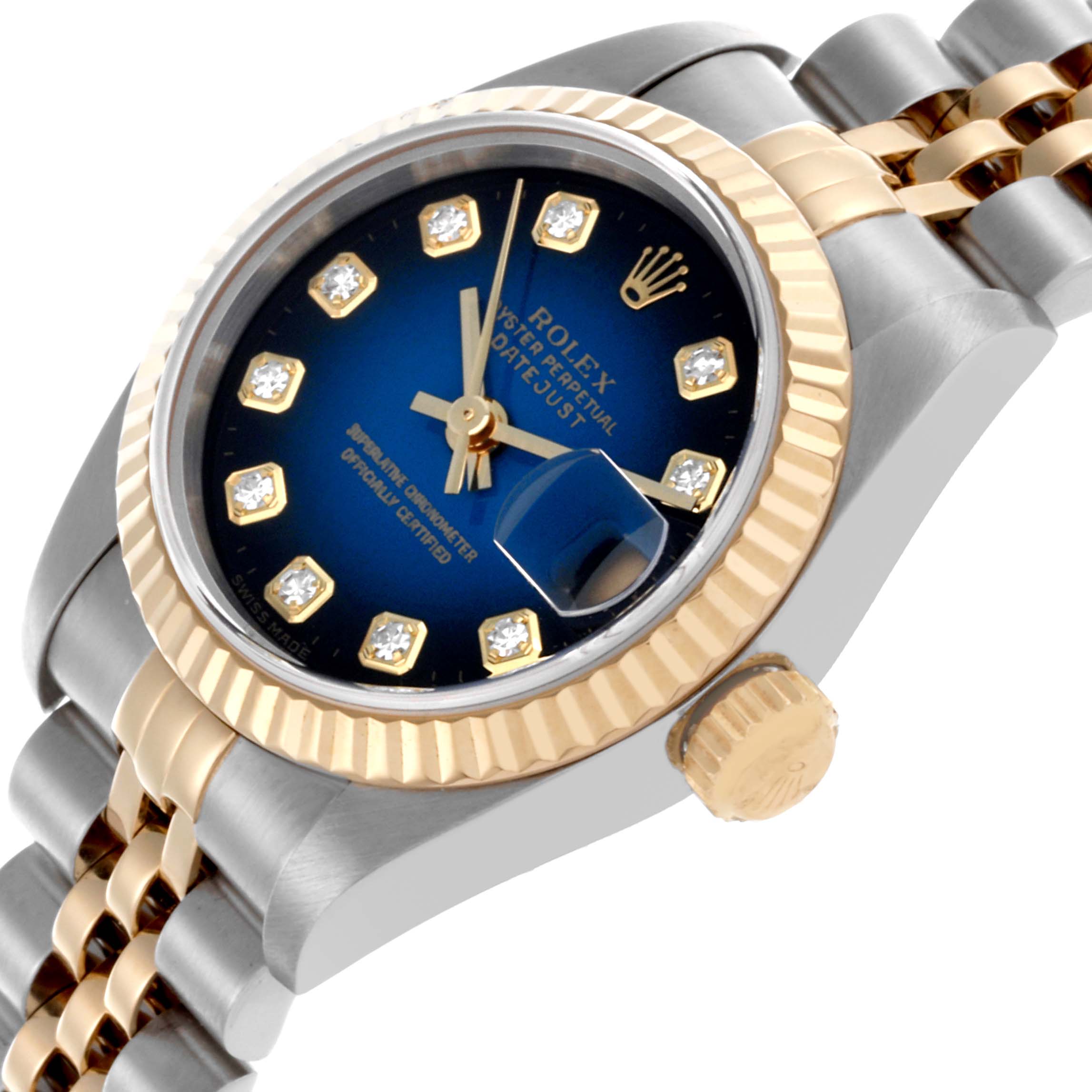 The Rolex Datejust 69173 Women's Steel and Gold (two tone) Blue Dial 69173 Women's Steel and Gold (two tone) Blue Dial watch is shown at an angle displaying the face, bezel, crown, and part of the bracelet.