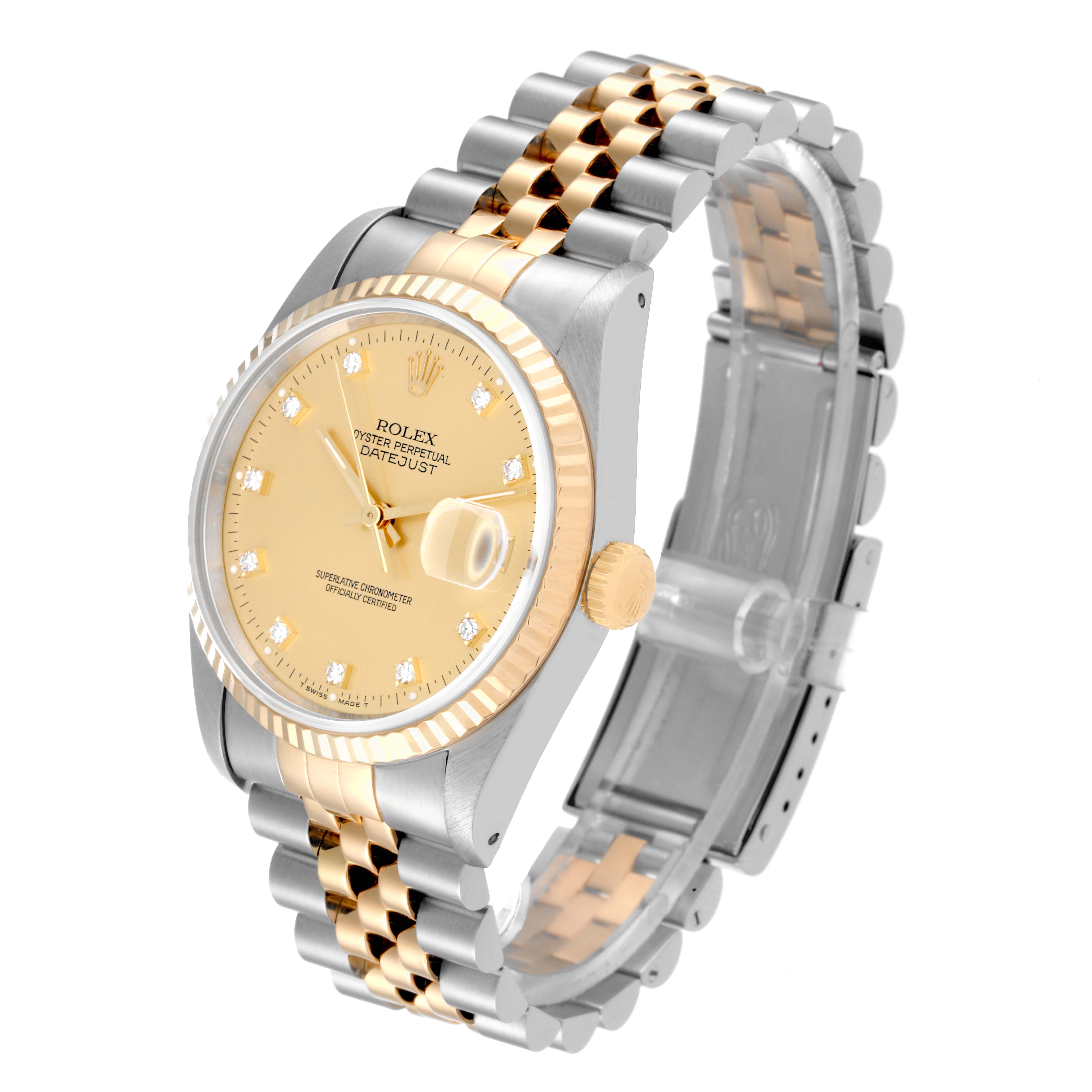 This Rolex Datejust 16233 Men's Steel and Gold (two tone) Champagne Dial 16233 Men's Steel and Gold (two tone) Champagne Dial watch is shown at a slight angle, featuring its bezel, dial, crown, and two-tone bracelet.