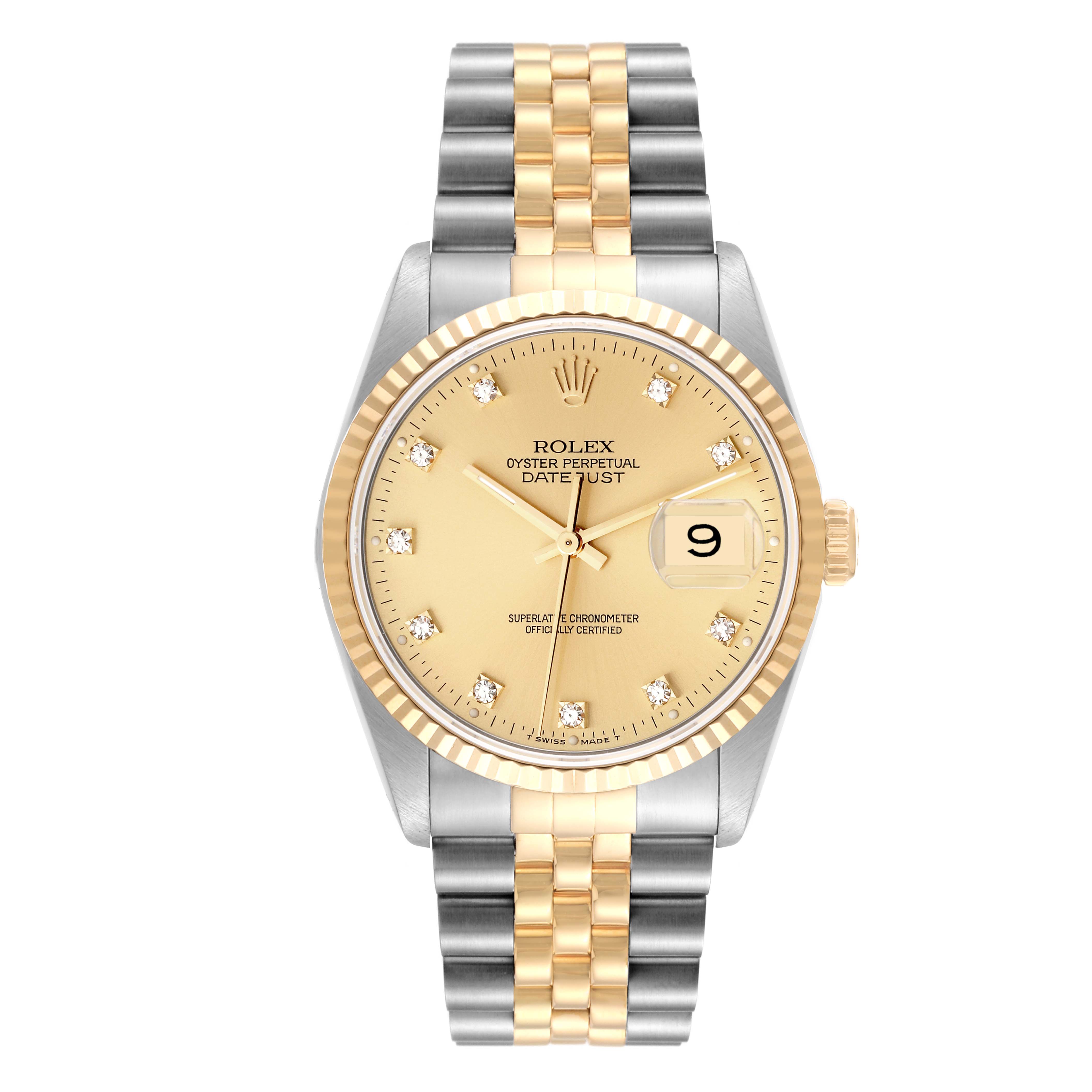 The image shows a front view of a Rolex Datejust 16233 Men's Steel and Gold (two tone) Champagne Dial 16233 Men's Steel and Gold (two tone) Champagne Dial watch with a two-tone bracelet, gold bezel, and champagne dial.