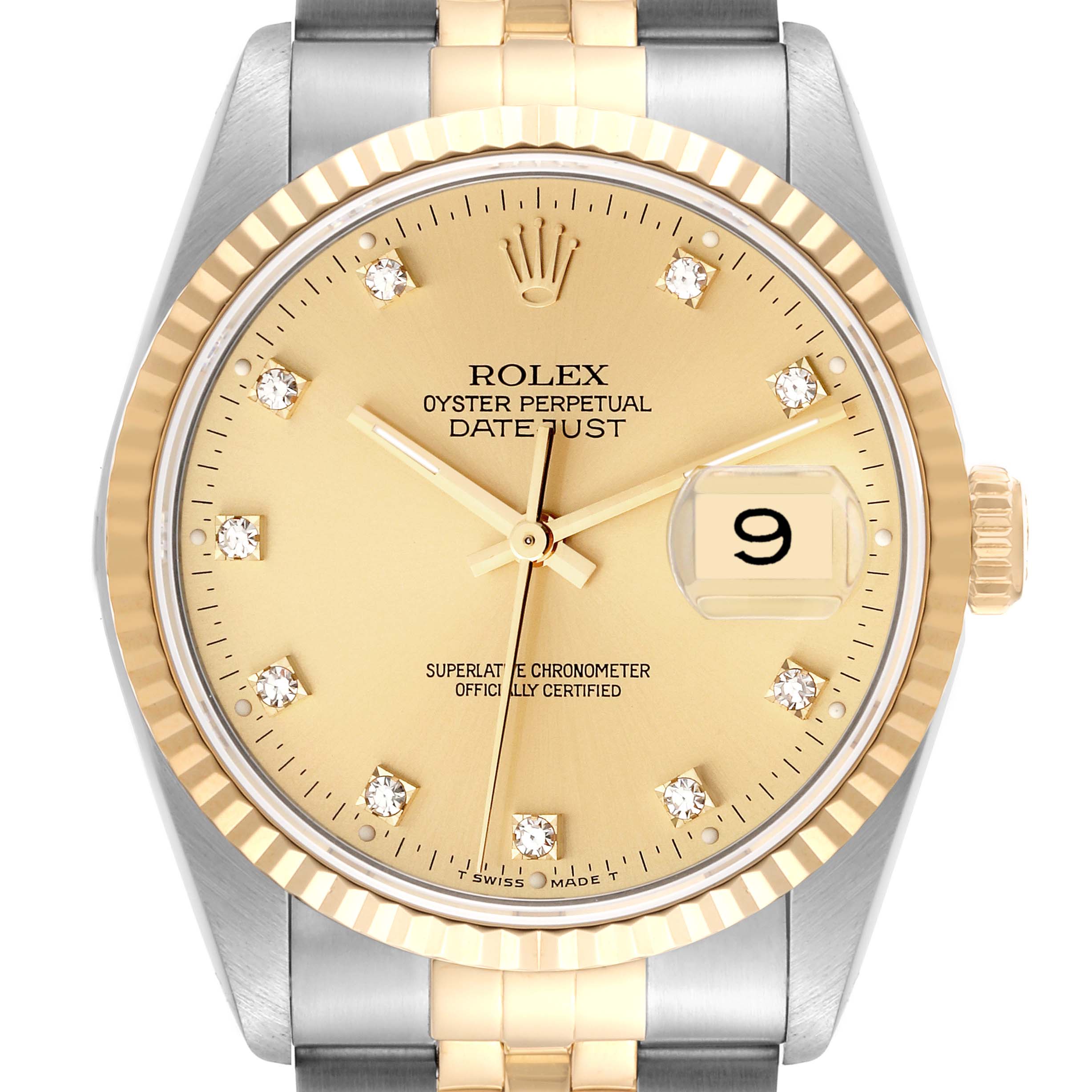 This image shows a front view of the Rolex Datejust 16233 Men's Steel and Gold (two tone) Champagne Dial 16233 Men's Steel and Gold (two tone) Champagne Dial watch, including the dial, bezel, crown, and part of the bracelet.