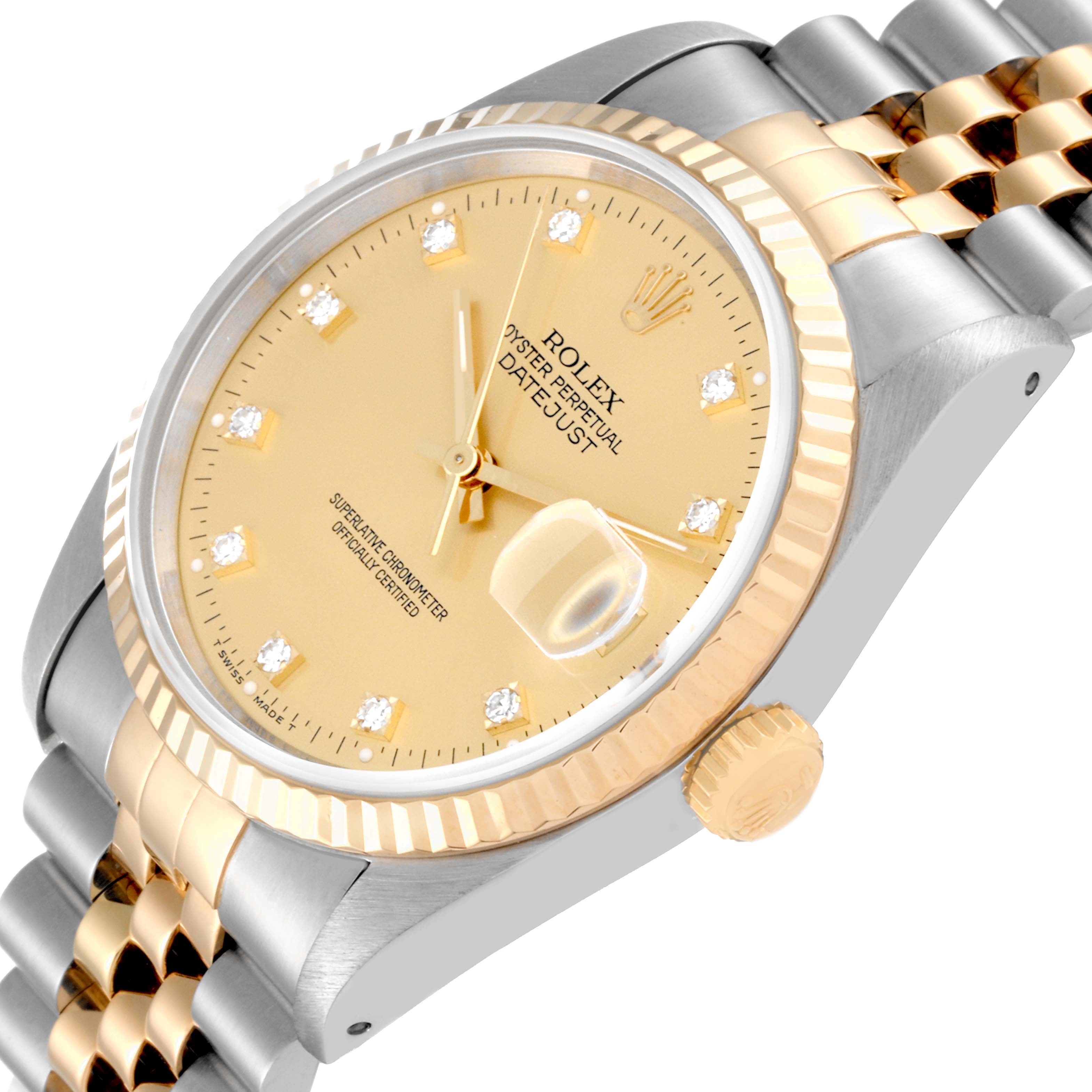 The image shows a close-up of a Rolex Datejust 16233 Men's Steel and Gold (two tone) Champagne Dial 16233 Men's Steel and Gold (two tone) Champagne Dial model focusing on the dial, crown, bezel, and part of the bracelet.