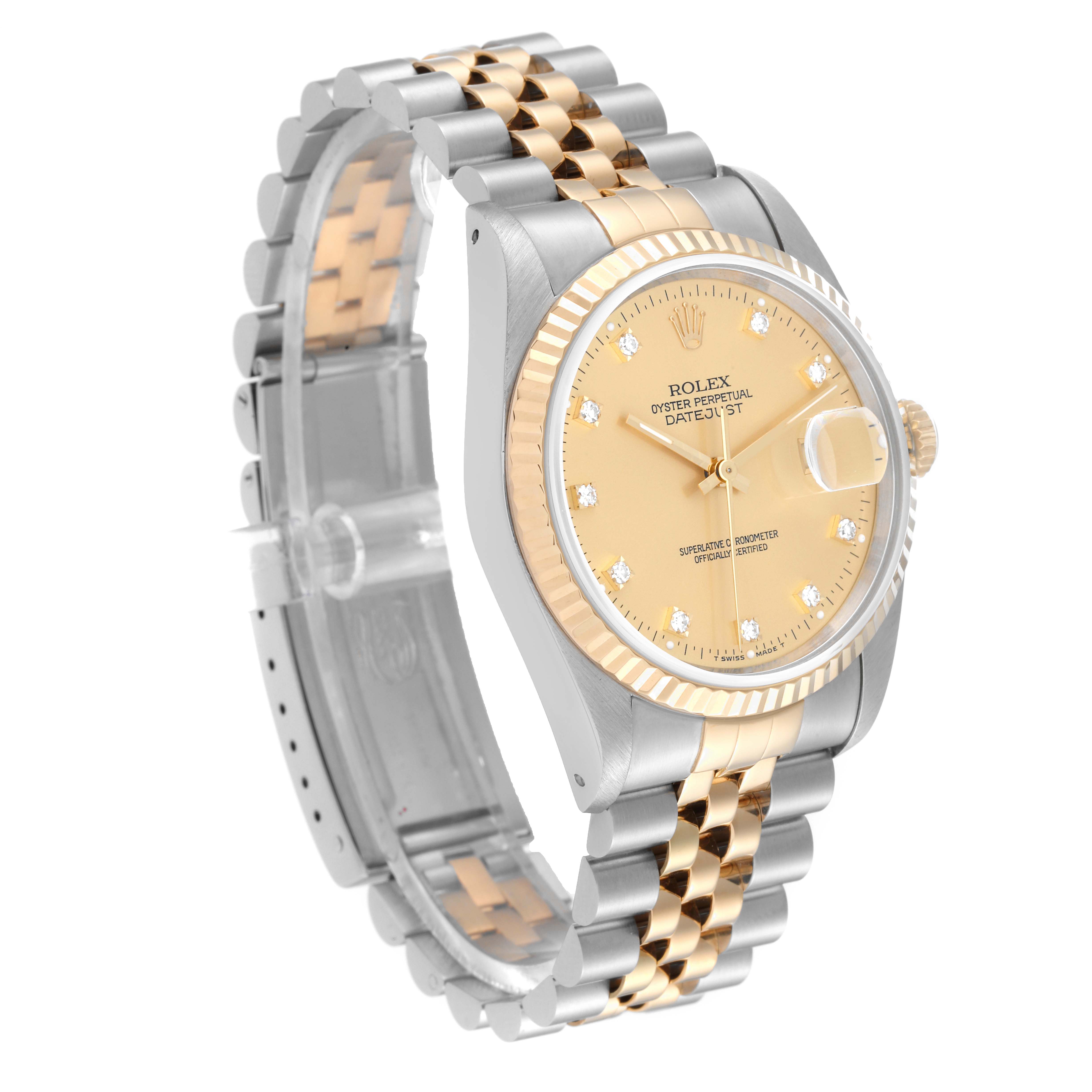 The image shows a Rolex Datejust 16233 Men's Steel and Gold (two tone) Champagne Dial 16233 Men's Steel and Gold (two tone) Champagne Dial watch at a slight angle, highlighting its gold dial, jubilee bracelet, and date display.