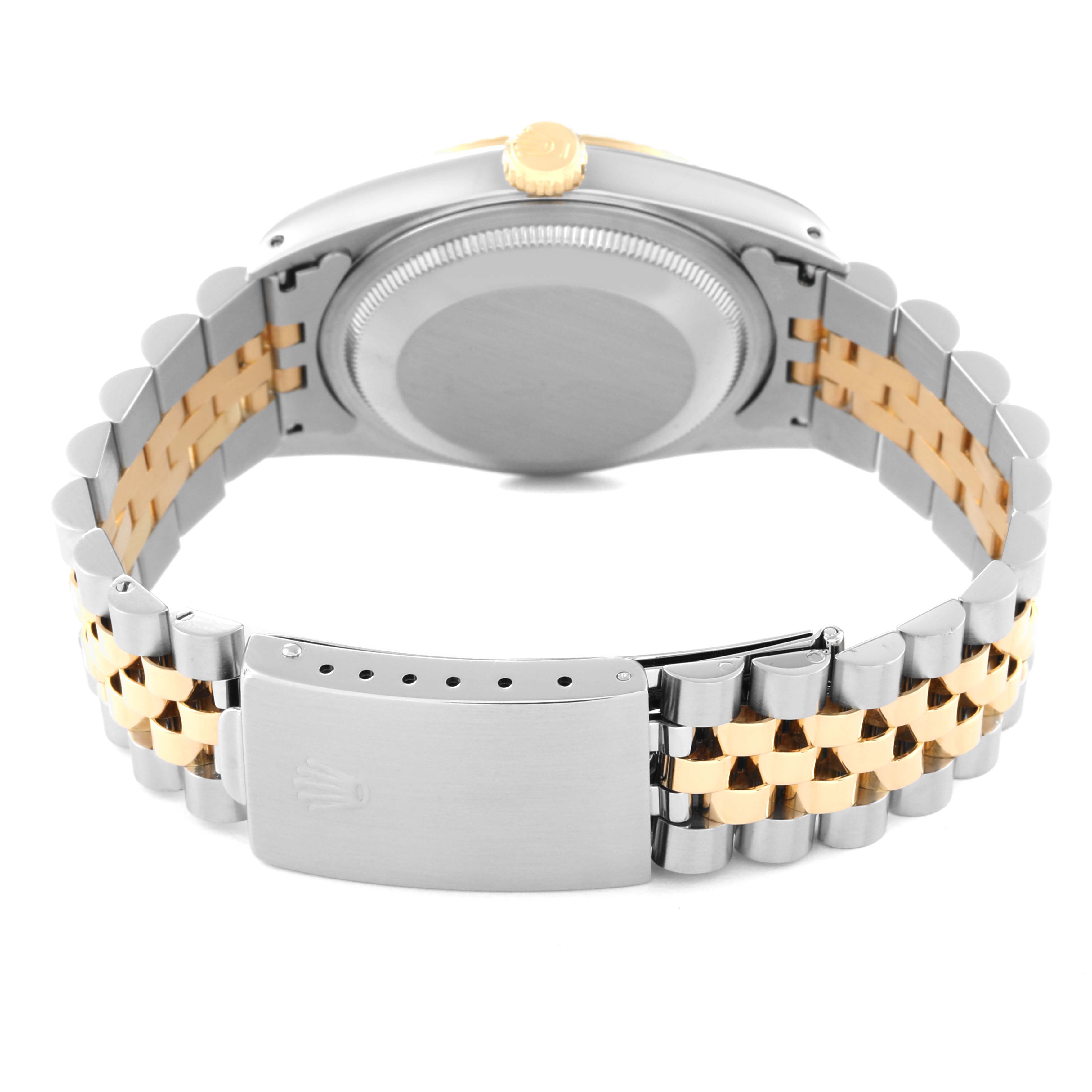 The image shows the back case and jubilee bracelet of a Rolex Datejust 16233 Men's Steel and Gold (two tone) Champagne Dial 16233 Men's Steel and Gold (two tone) Champagne Dial watch at an angled rear view.