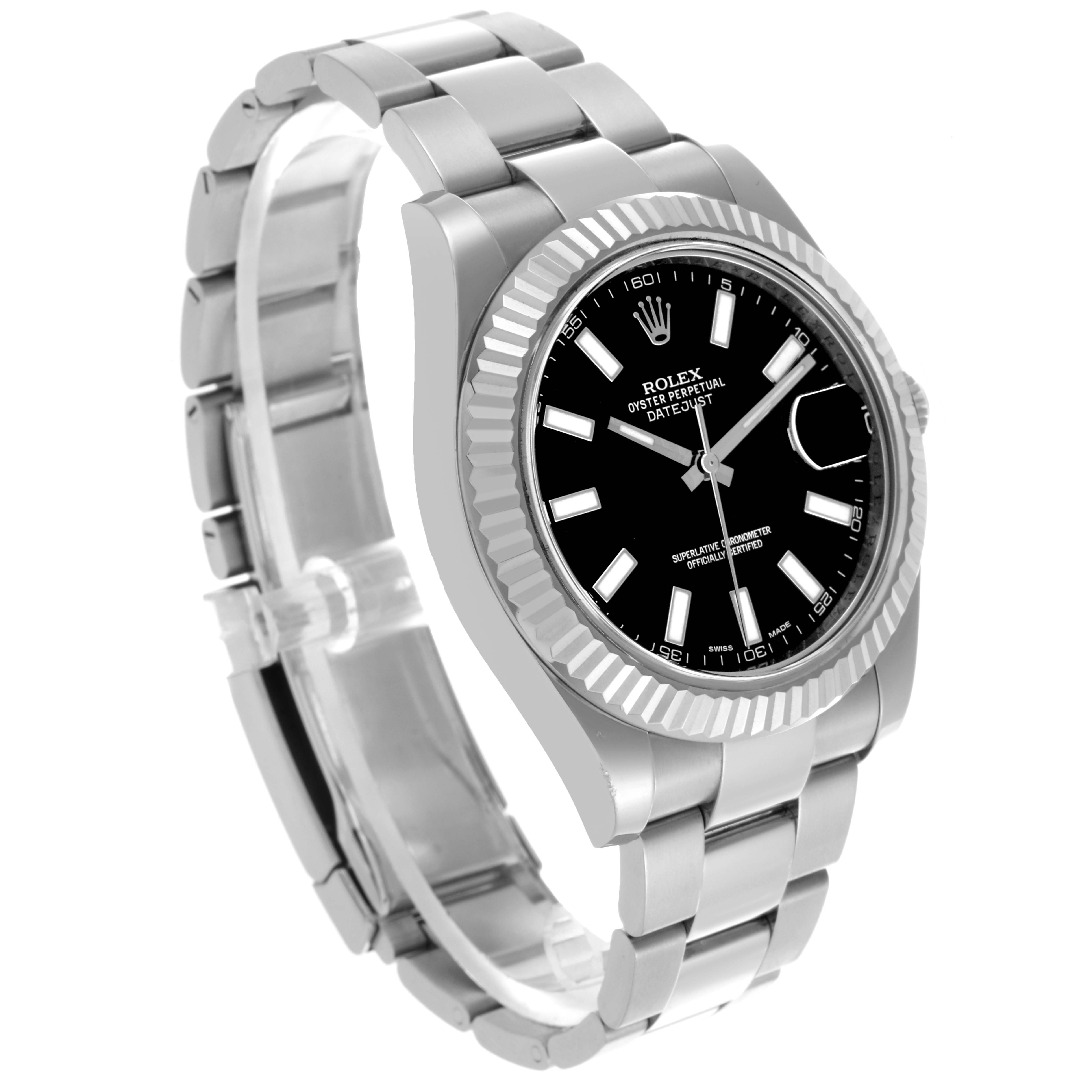 The Rolex Datejust 41 116334 Men
s Stainless Steel Black Dial 116334 Men
s Stainless Steel Black Dial is shown at a front left angle, highlighting the face, bezel, and bracelet.