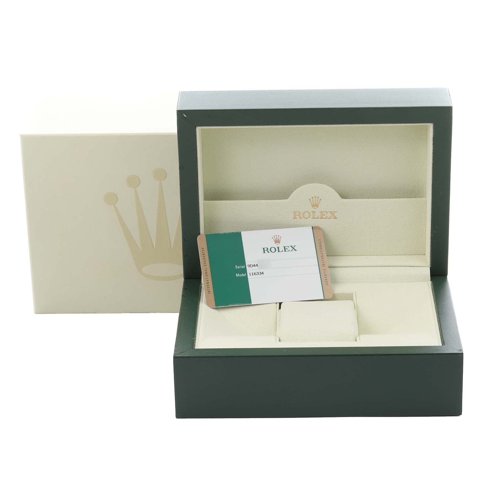 The image shows the open box and warranty card for a Rolex Datejust 41 116334 Men
s Stainless Steel Black Dial 116334 Men
s Stainless Steel Black Dial, viewed from the front.