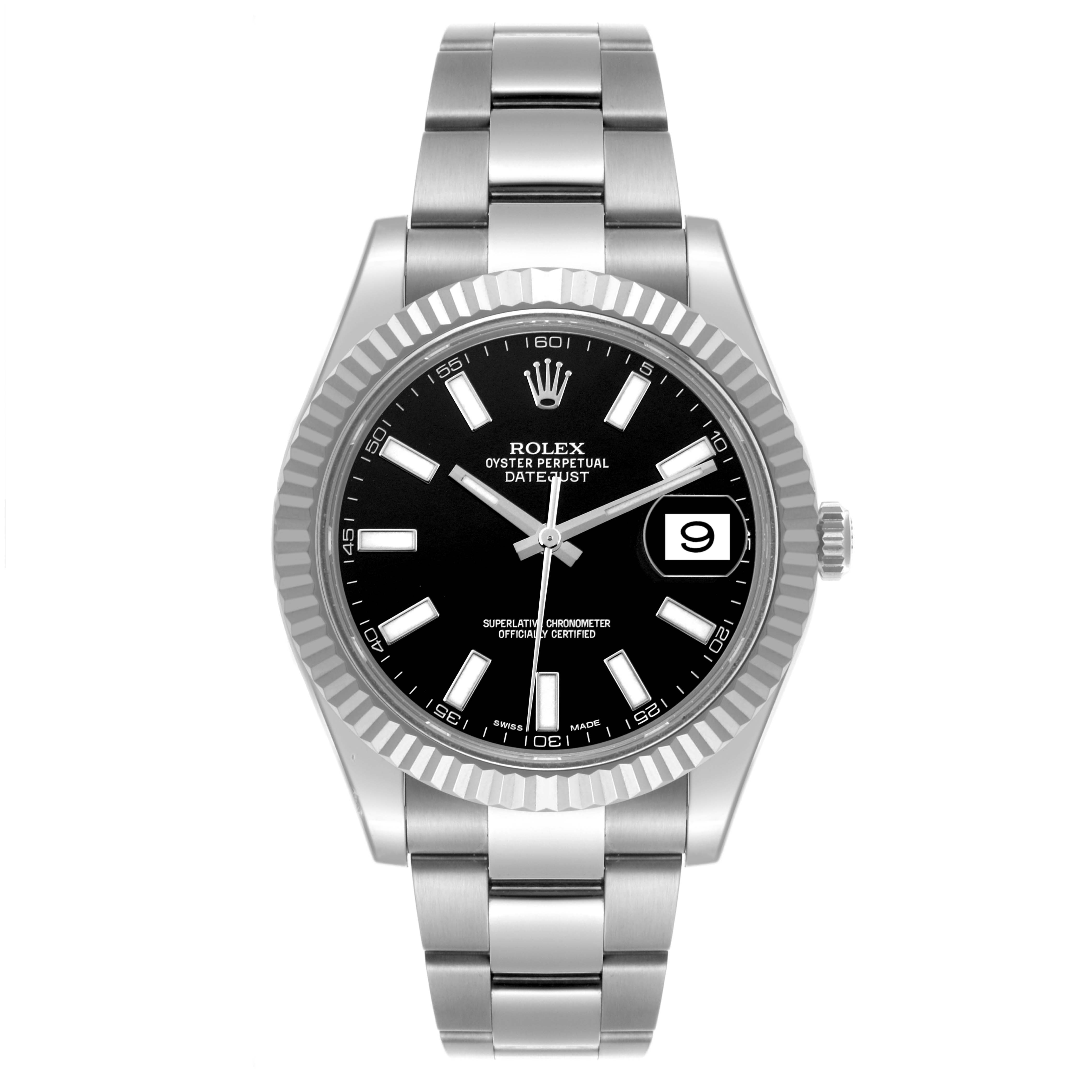 The Rolex Datejust 41 116334 Men
s Stainless Steel Black Dial 116334 Men
s Stainless Steel Black Dial watch is shown from the front, highlighting the dial, bezel, case, bracelet, and crown.
