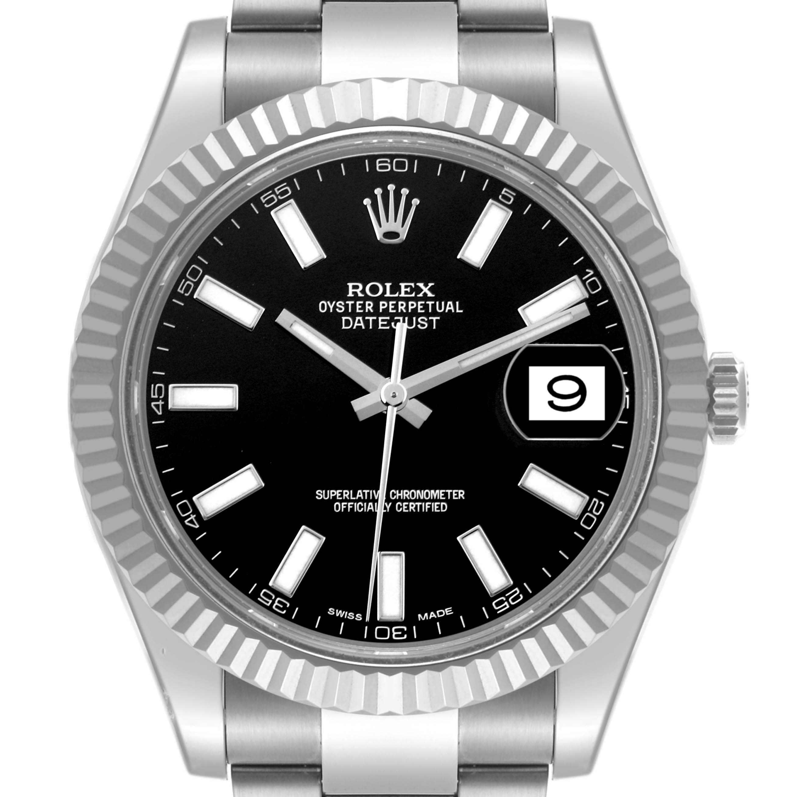 The Rolex Datejust 41 116334 Men
s Stainless Steel Black Dial 116334 Men
s Stainless Steel Black Dial is shown from the front, displaying the dial, bezel, crown, and part of the bracelet.