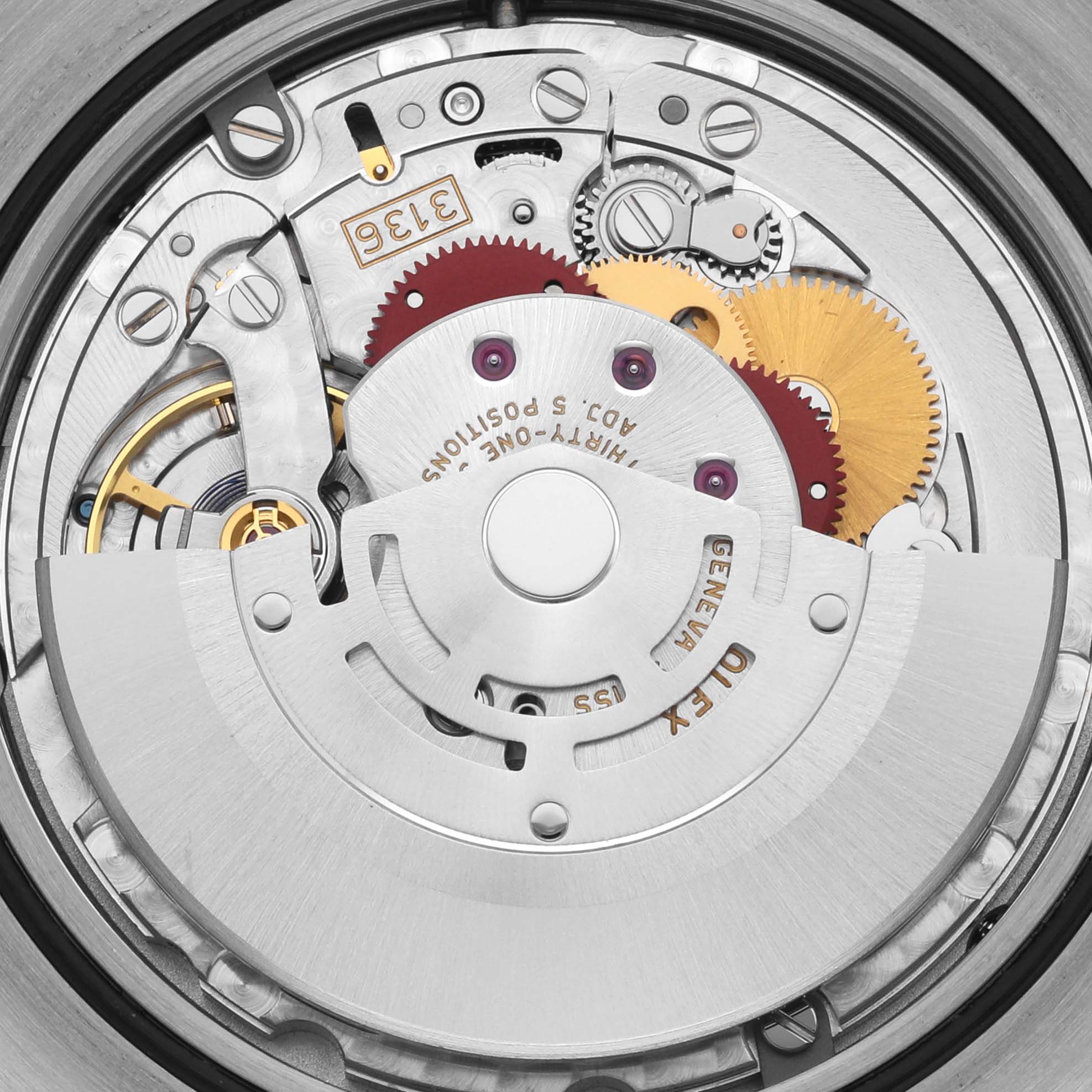 The image shows the movement mechanism of the Rolex Datejust 41 116334 Men
s Stainless Steel Black Dial 116334 Men
s Stainless Steel Black Dial watch from an overhead angle.