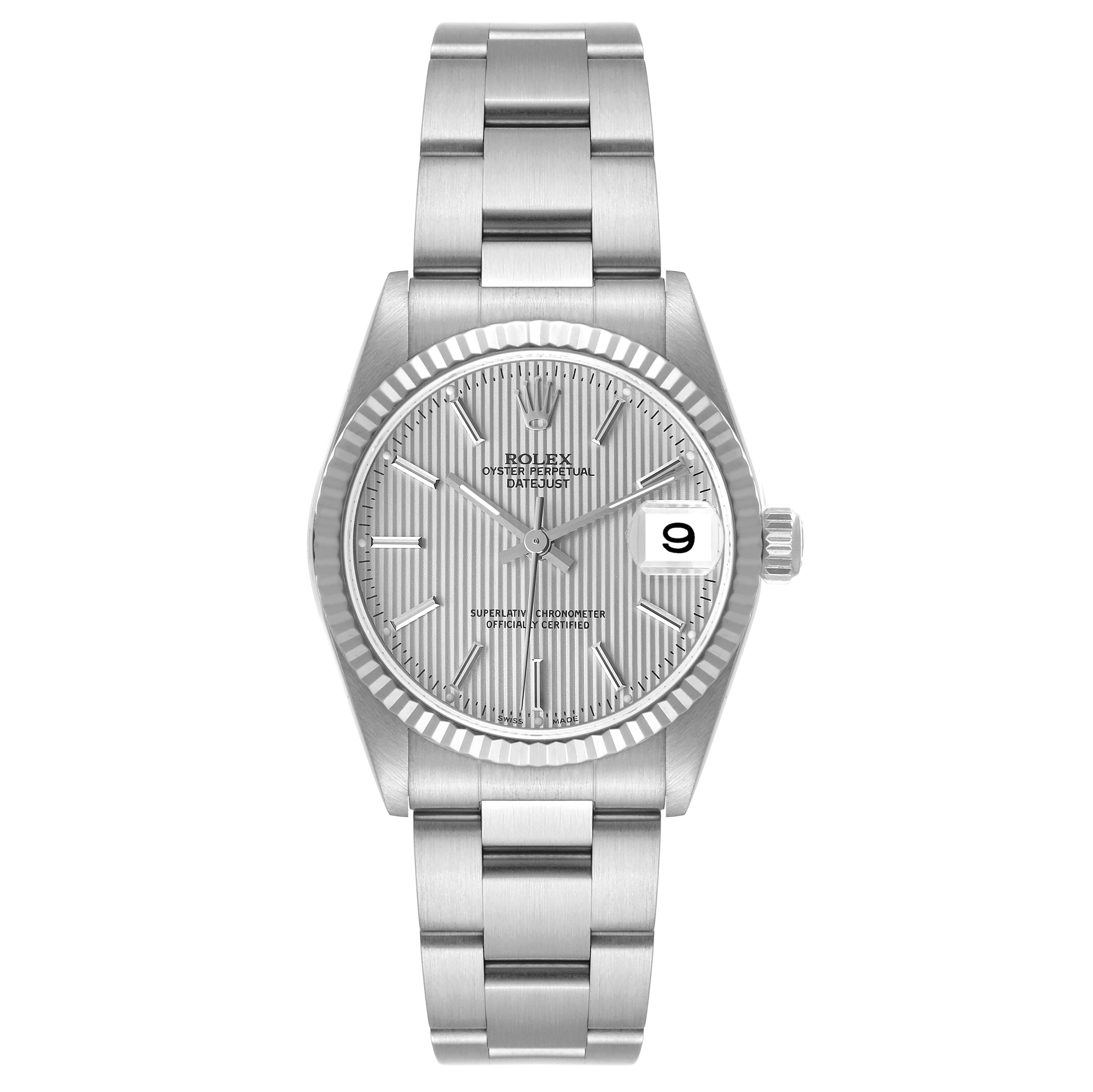 The image shows a front view of a Rolex Mid-Size 78274 Women's Stainless Steel Silver Dial 78274 Women's Stainless Steel Silver Dial Oyster Perpetual Datejust watch, highlighting the dial, case, and bracelet.