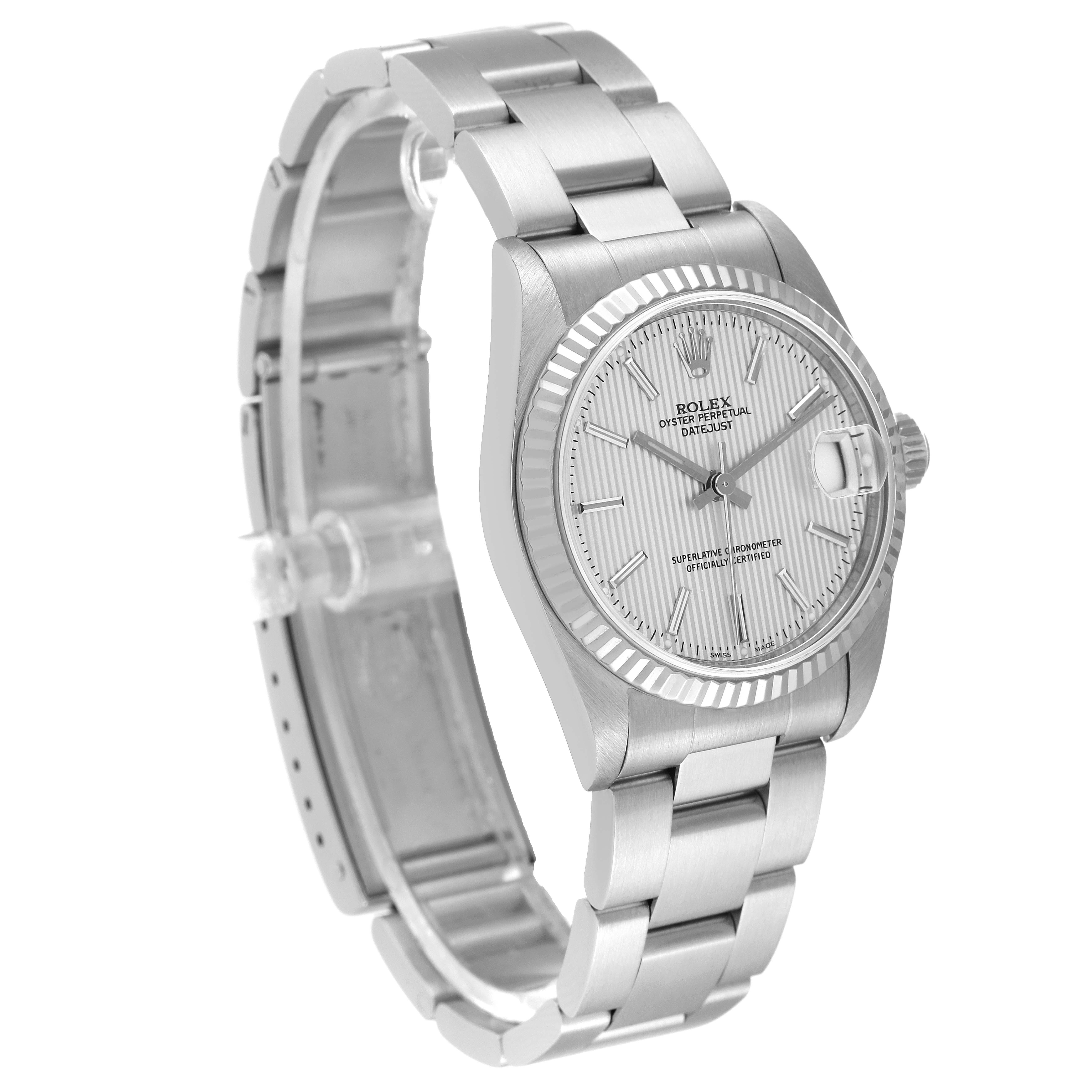 The image shows a Rolex Mid-Size 78274 Women's Stainless Steel Silver Dial 78274 Women's Stainless Steel Silver Dial Oyster Perpetual Datejust watch at a 3/4 angle, displaying the face, bezel, and bracelet.