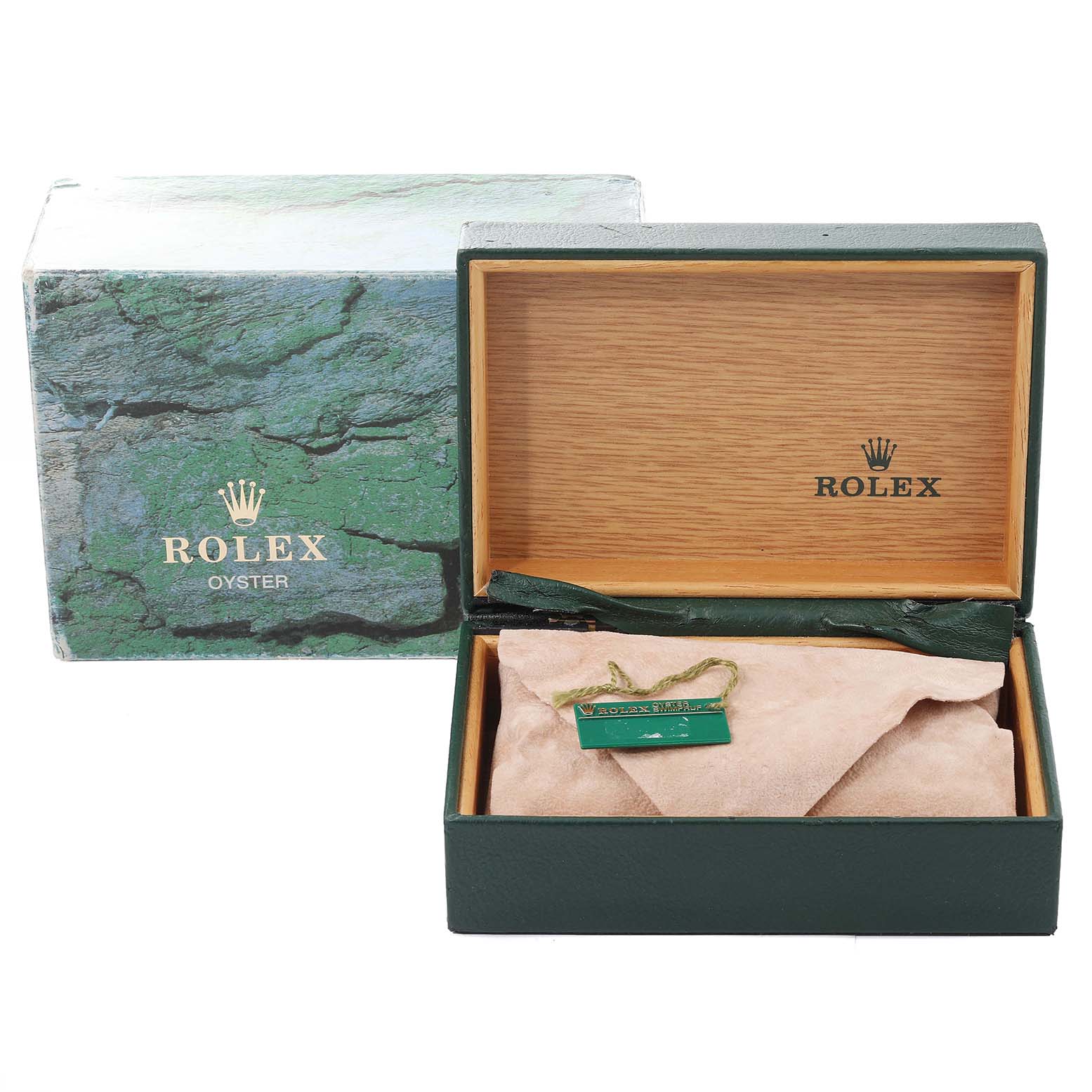 The image shows an open Rolex Oyster box with a green tag and beige watch pouch inside, highlighting the packaging for the Mid-Size Rolex watch.