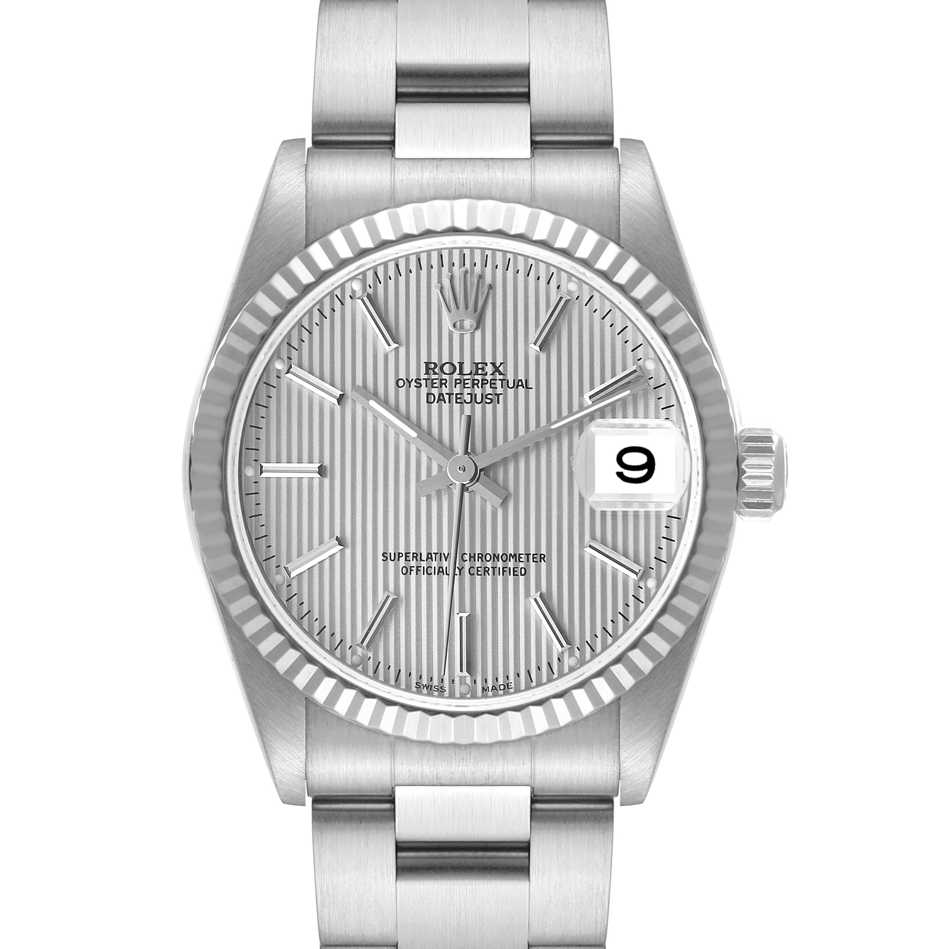 The image shows a front view of a Rolex Mid-Size 78274 Women's Stainless Steel Silver Dial 78274 Women's Stainless Steel Silver Dial Oyster Perpetual Datejust, displaying the face, bezel, and part of the bracelet.