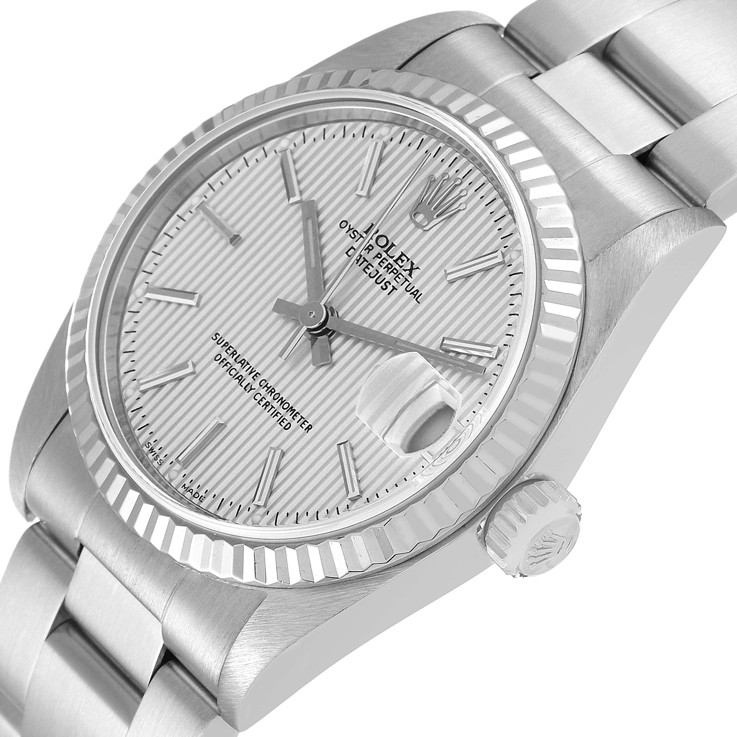 This image shows a Rolex Mid-Size 78274 Women's Stainless Steel Silver Dial 78274 Women's Stainless Steel Silver Dial watch at a slight angle, highlighting its dial, bezel, crown, and part of the bracelet.