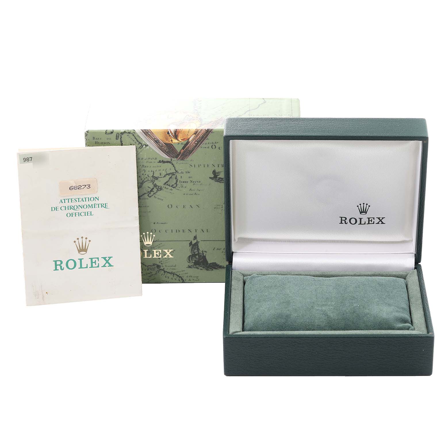 This image shows the packaging and warranty card for a Rolex Mid-Size 68273 Women
s Steel and Gold (two tone) Champagne Dial 68273 Women
s Steel and Gold (two tone) Champagne Dial watch, including an open watch box and a certificate.