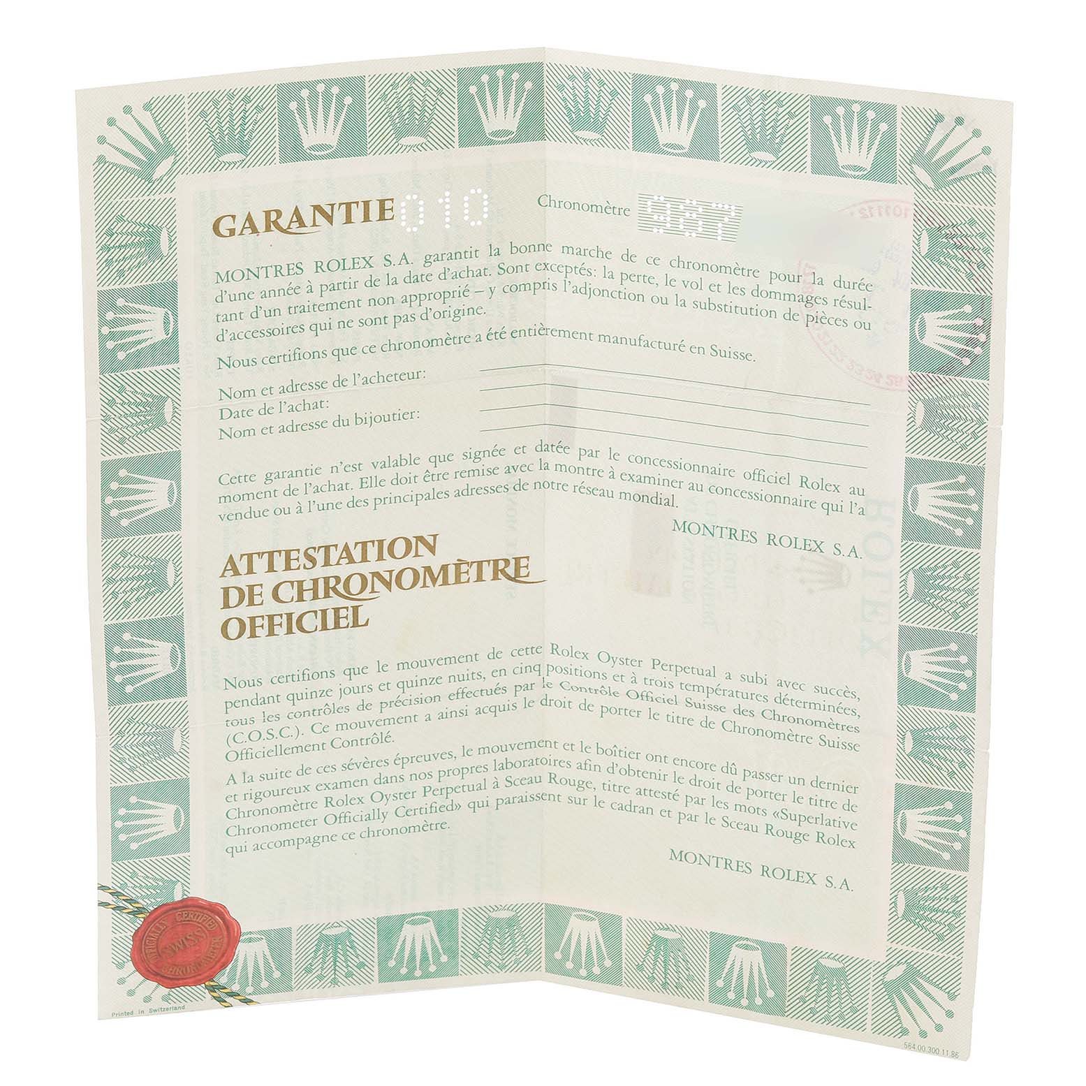 The image shows a Rolex warranty guarantee certificate for a Mid-Size model, detailing certification and guarantee information.