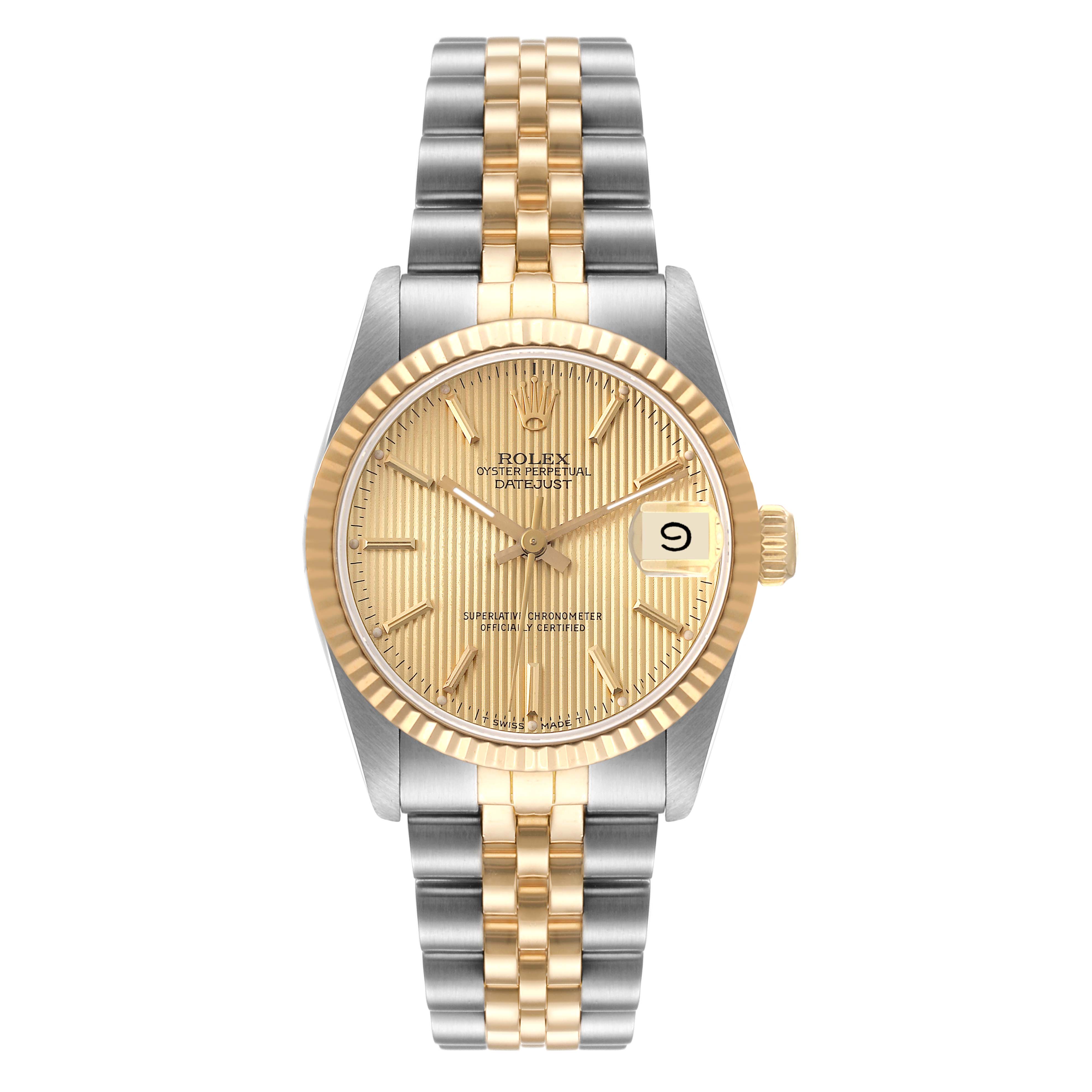 The image shows a front view of a Rolex Mid-Size 68273 Women
s Steel and Gold (two tone) Champagne Dial 68273 Women
s Steel and Gold (two tone) Champagne Dial watch, displaying its two-tone bracelet and gold dial with a date window.