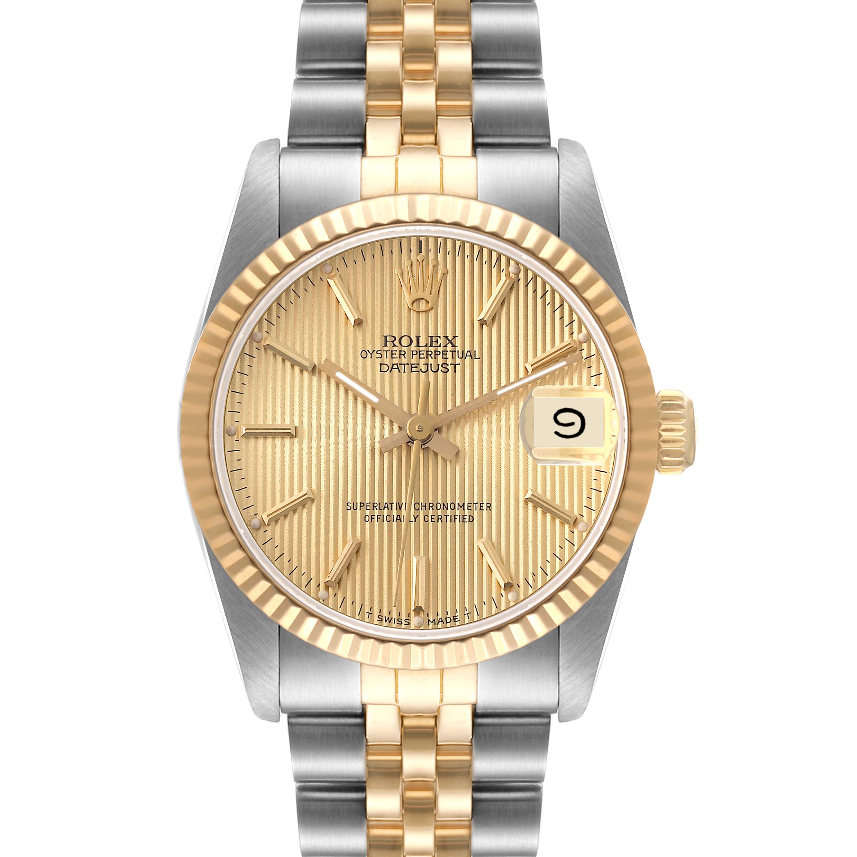 The image shows a front view of a Rolex Oyster Perpetual Datejust Mid-Size watch with a gold and silver bracelet.