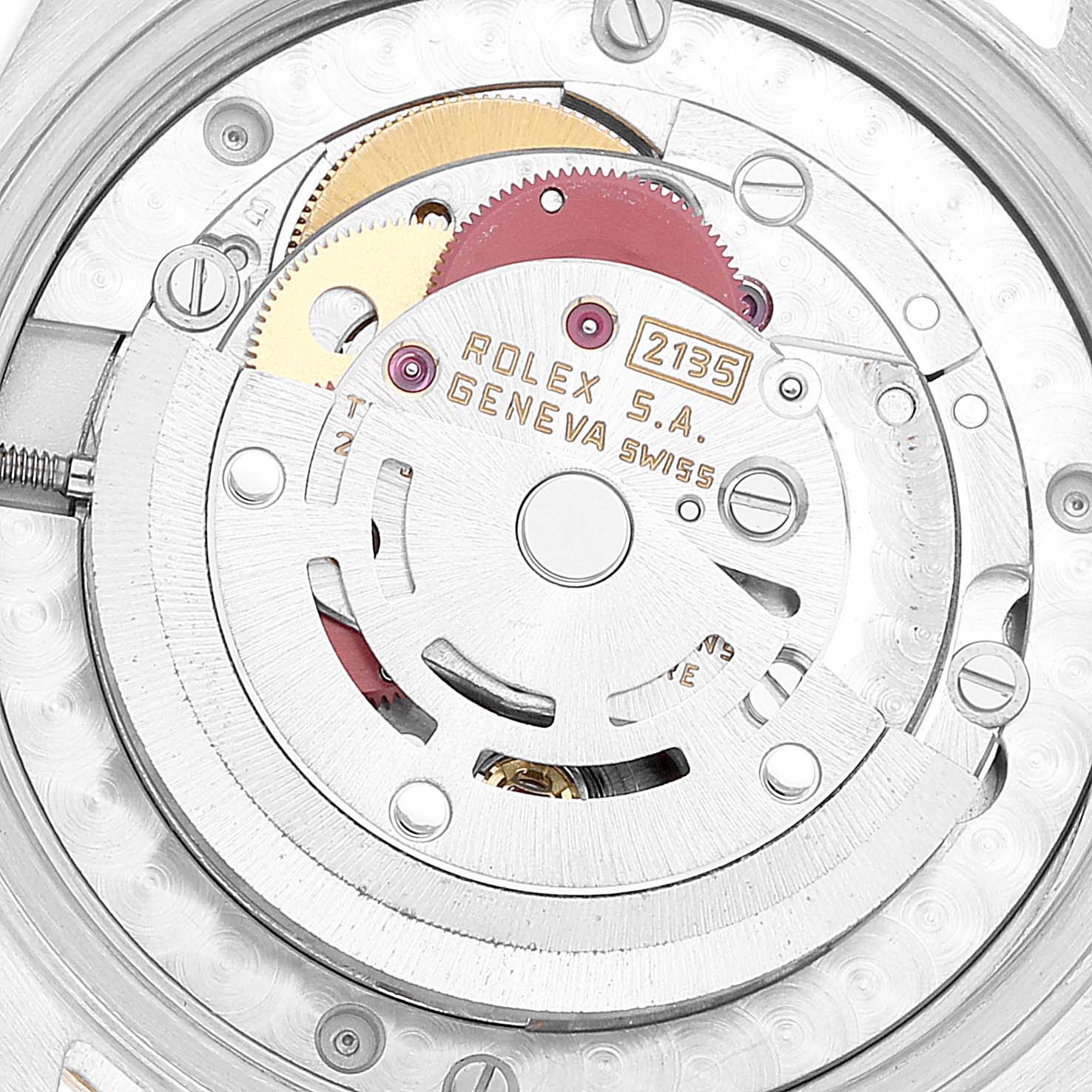 This image shows a close-up view of the internal mechanism and movement of a Rolex Mid-Size 68273 Women
s Steel and Gold (two tone) Champagne Dial 68273 Women
s Steel and Gold (two tone) Champagne Dial watch model.