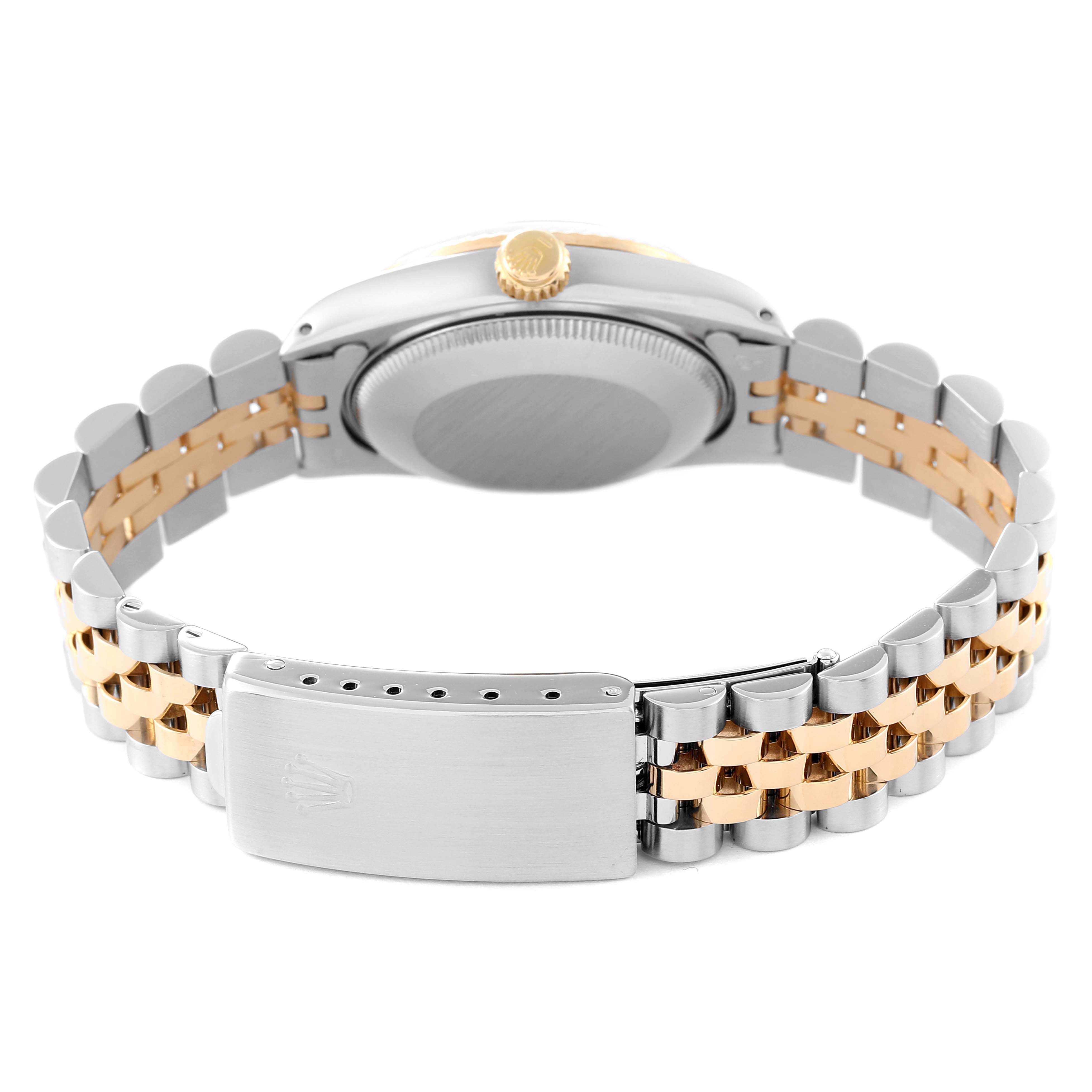 The image shows the back view of a Rolex Mid-Size 68273 Women
s Steel and Gold (two tone) Champagne Dial 68273 Women
s Steel and Gold (two tone) Champagne Dial watch, highlighting its case back and two-tone bracelet.