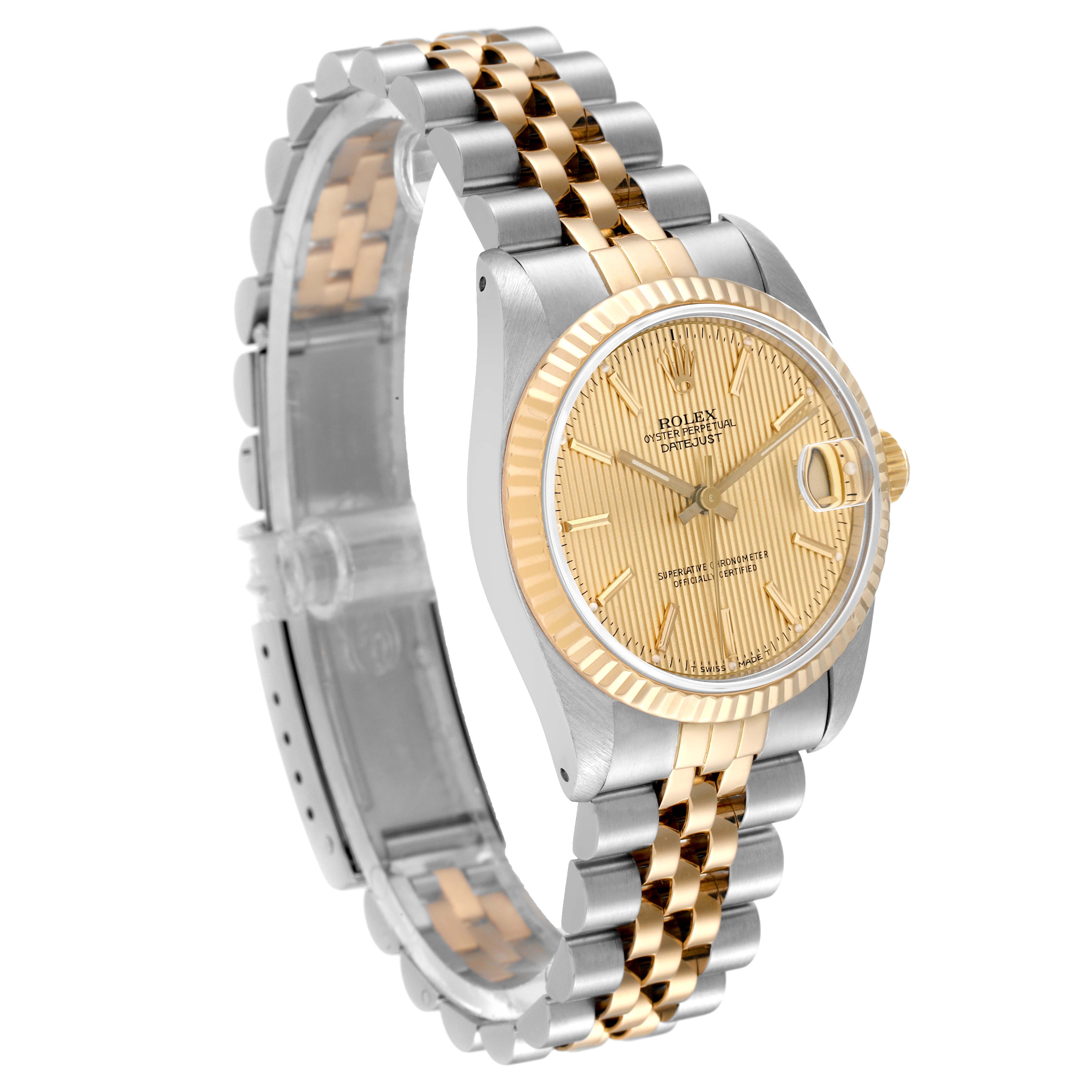 The Rolex Mid-Size 68273 Women
s Steel and Gold (two tone) Champagne Dial 68273 Women
s Steel and Gold (two tone) Champagne Dial watch is shown at a 3/4 angle, featuring the dial, bezel, and bracelet.