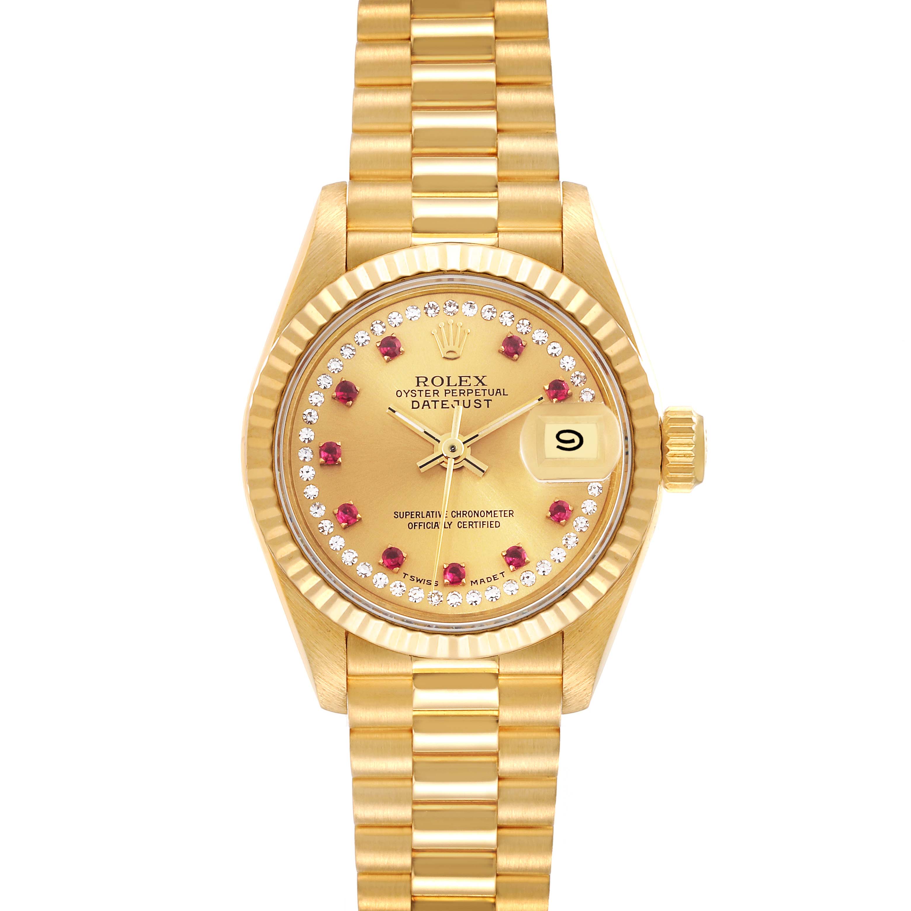 The image shows a front view of a Rolex President 69178 Women's Yellow Gold Champagne Dial 69178 Women's Yellow Gold Champagne Dial model watch, highlighting its gold case, bracelet, and date display.