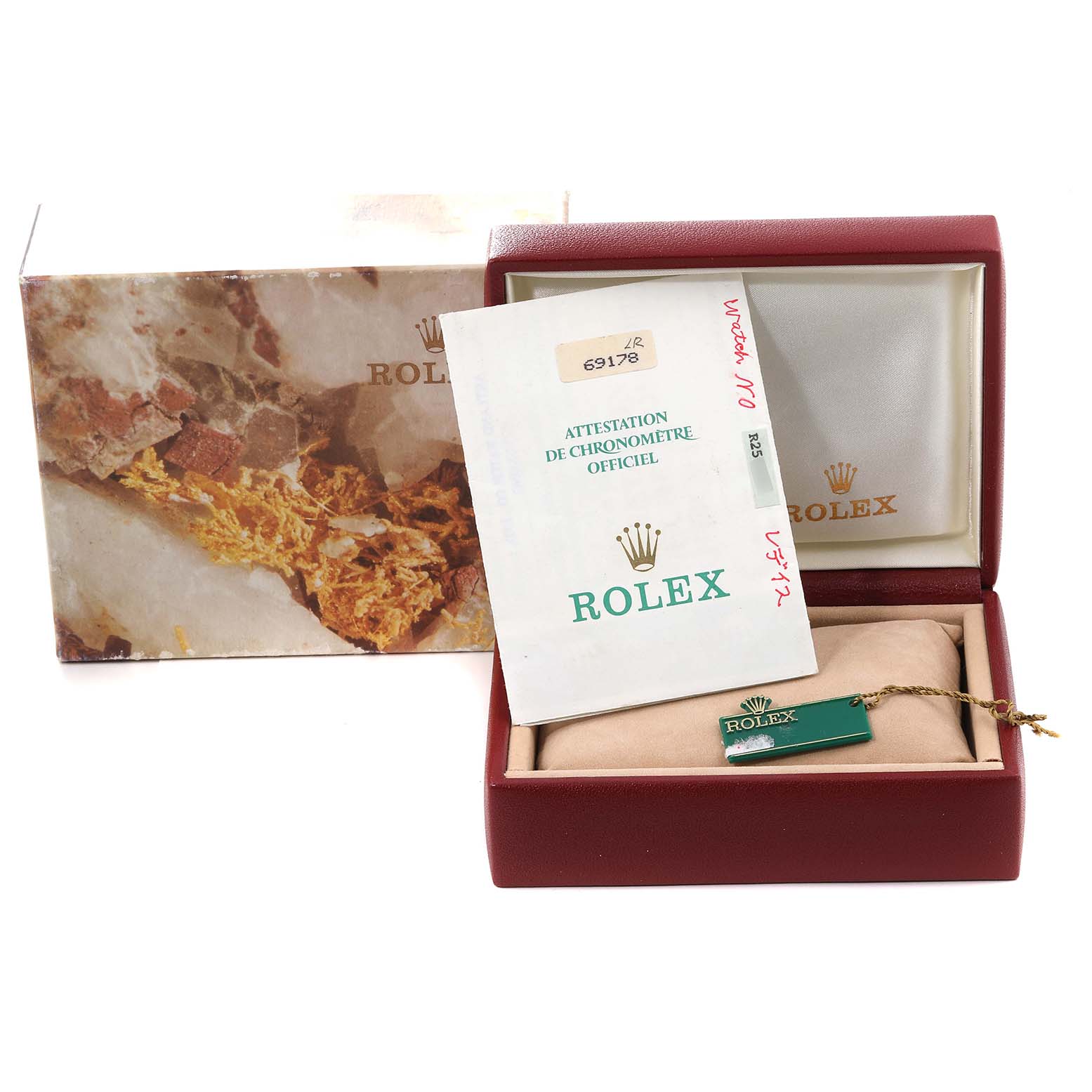 The image shows a Rolex President 69178 Women's Yellow Gold Champagne Dial 69178 Women's Yellow Gold Champagne Dial model box with certification papers and a green tag, viewed from the front.