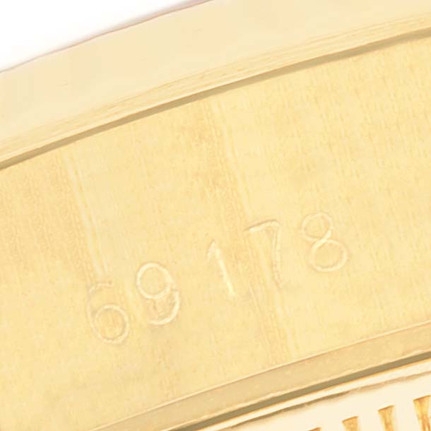 The image shows a close-up of the model number "69178" on the band of a Rolex President 69178 Women's Yellow Gold Champagne Dial 69178 Women's Yellow Gold Champagne Dial watch.