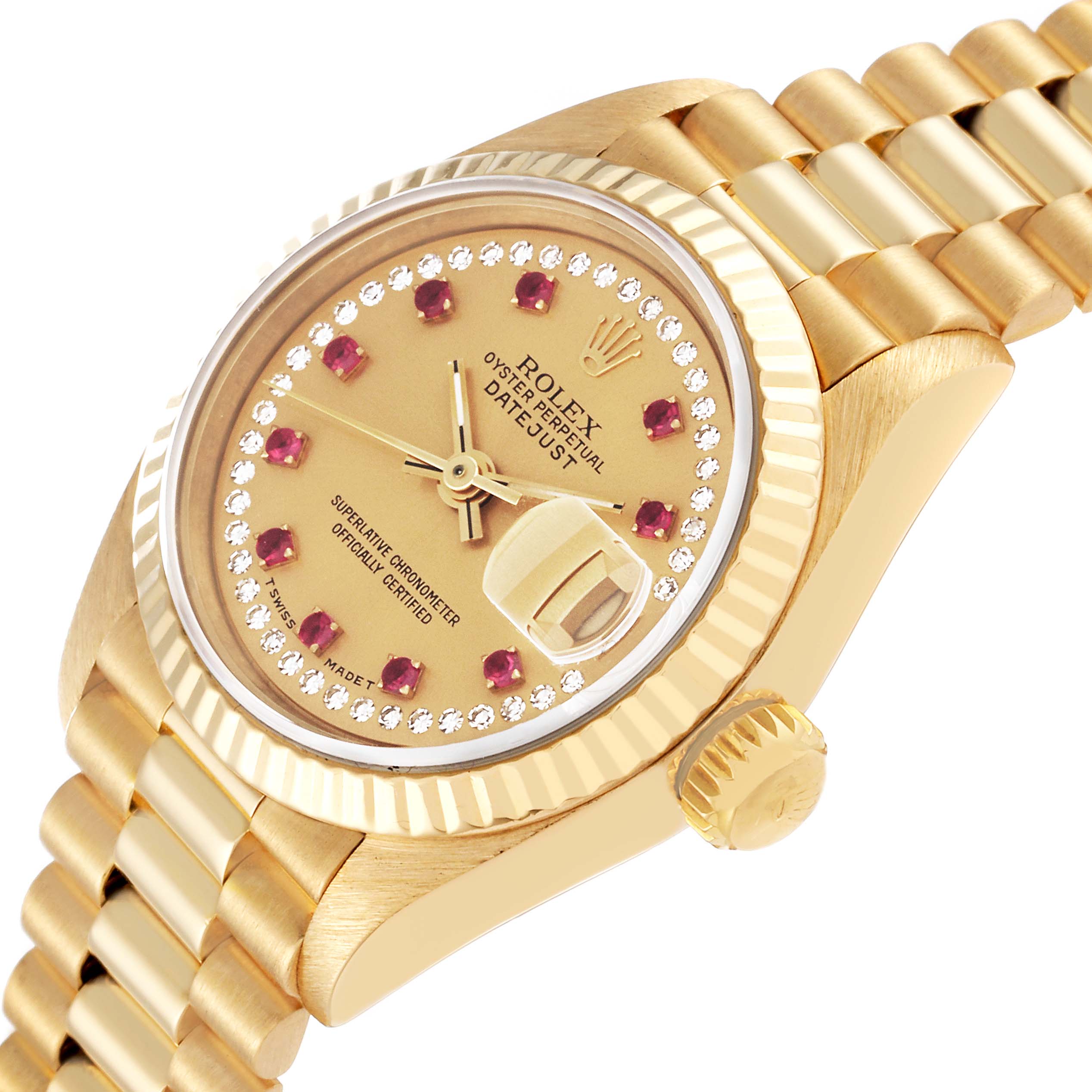 This image shows a close-up angled view of the Rolex President 69178 Women's Yellow Gold Champagne Dial 69178 Women's Yellow Gold Champagne Dial model watch, highlighting its dial, bezel, crown, and bracelet.
