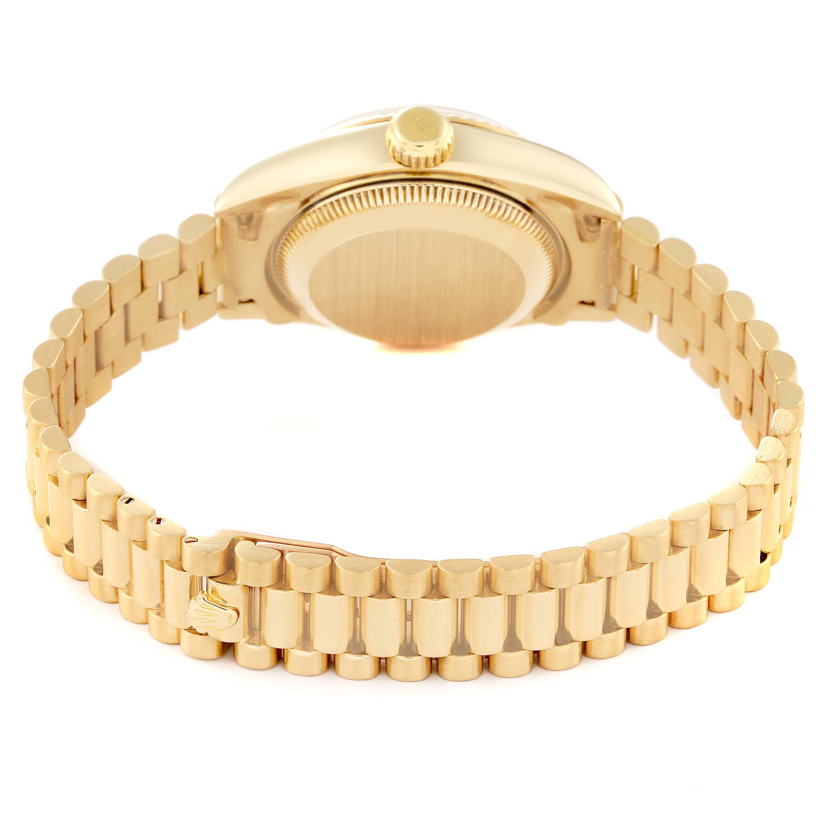 This image shows the backside of the Rolex President 69178 Women's Yellow Gold Champagne Dial 69178 Women's Yellow Gold Champagne Dial model watch, highlighting its gold case and bracelet.