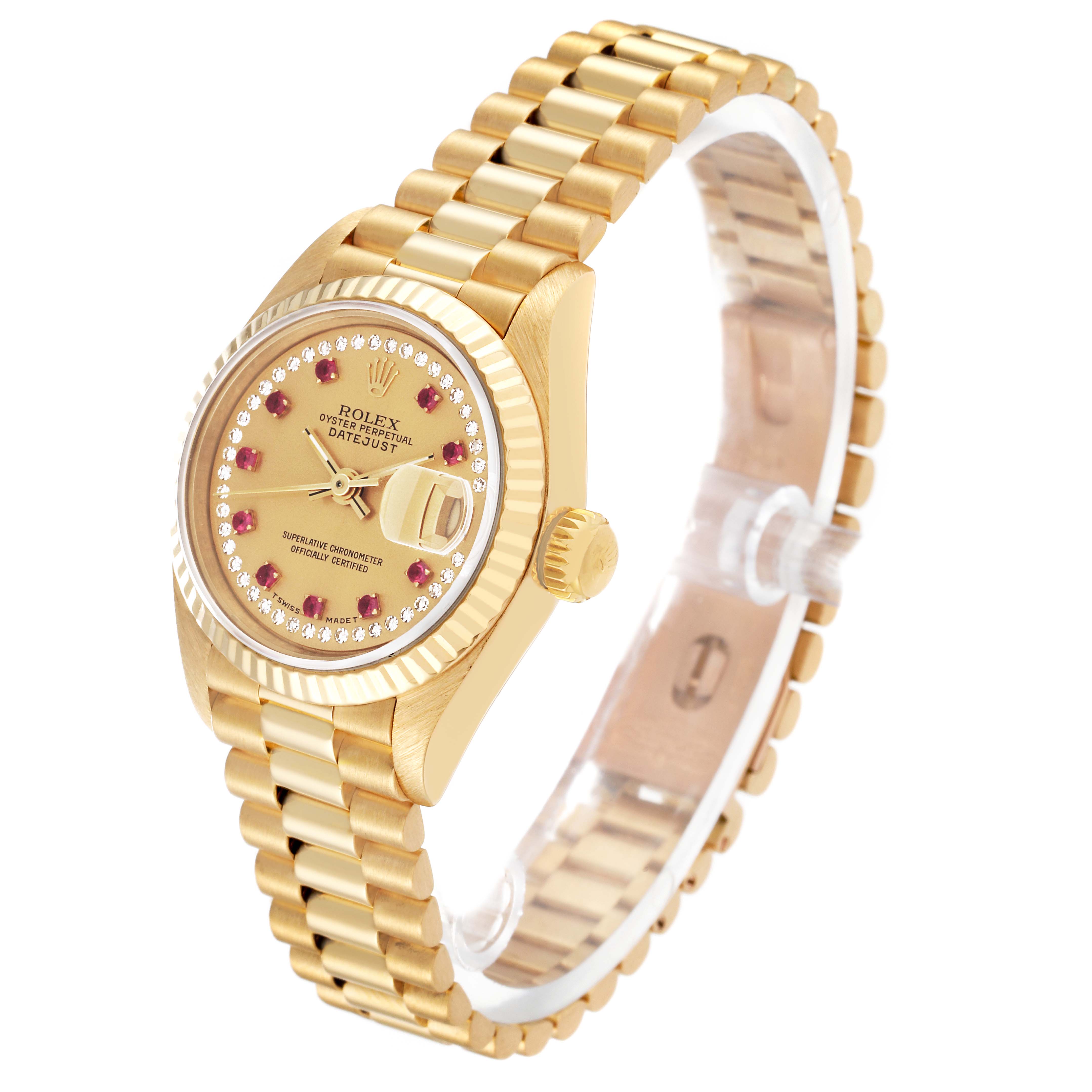 The image shows a Rolex President 69178 Women's Yellow Gold Champagne Dial 69178 Women's Yellow Gold Champagne Dial model watch at a slight angle, highlighting its gold bracelet, bezel, and dial.