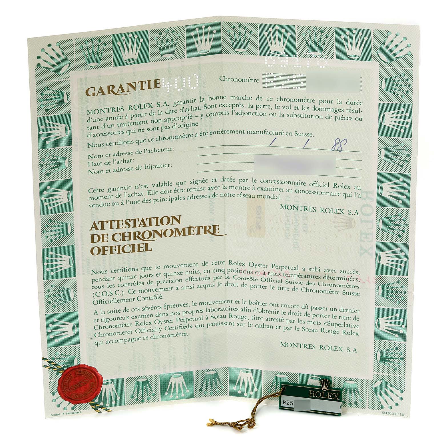 The image shows a Rolex President 69178 Women's Yellow Gold Champagne Dial 69178 Women's Yellow Gold Champagne Dial model warranty and certification document with an attached Rolex tag.